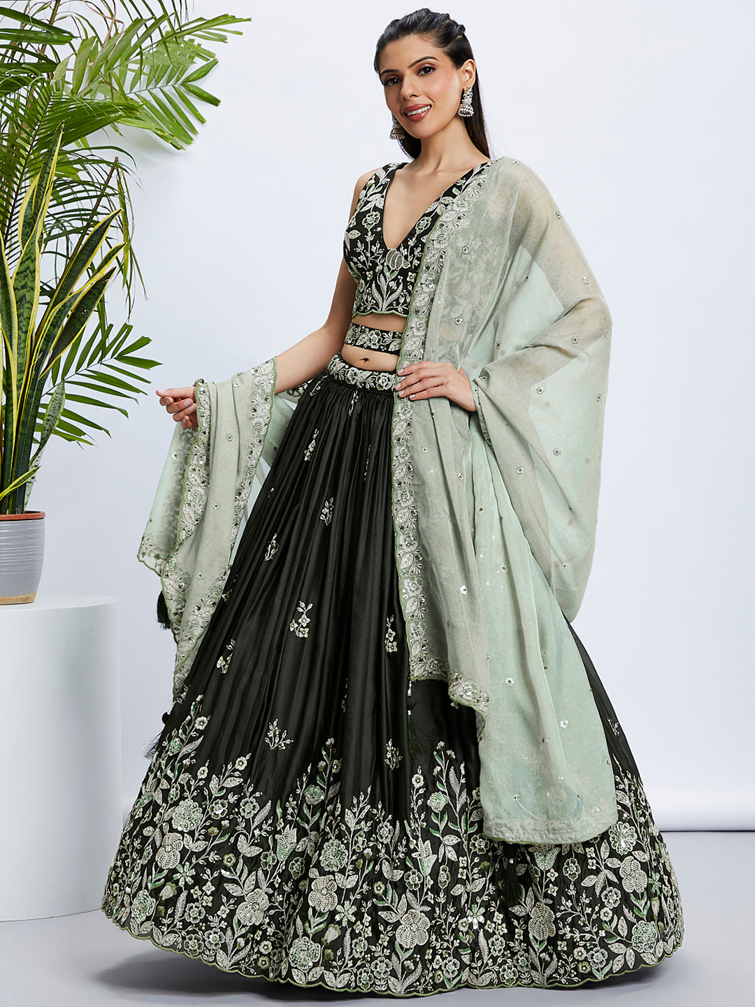 Olive Raw Silk Sequins Embroidered Lehenga Choli