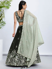 Olive Raw Silk Sequins Embroidered Lehenga Choli