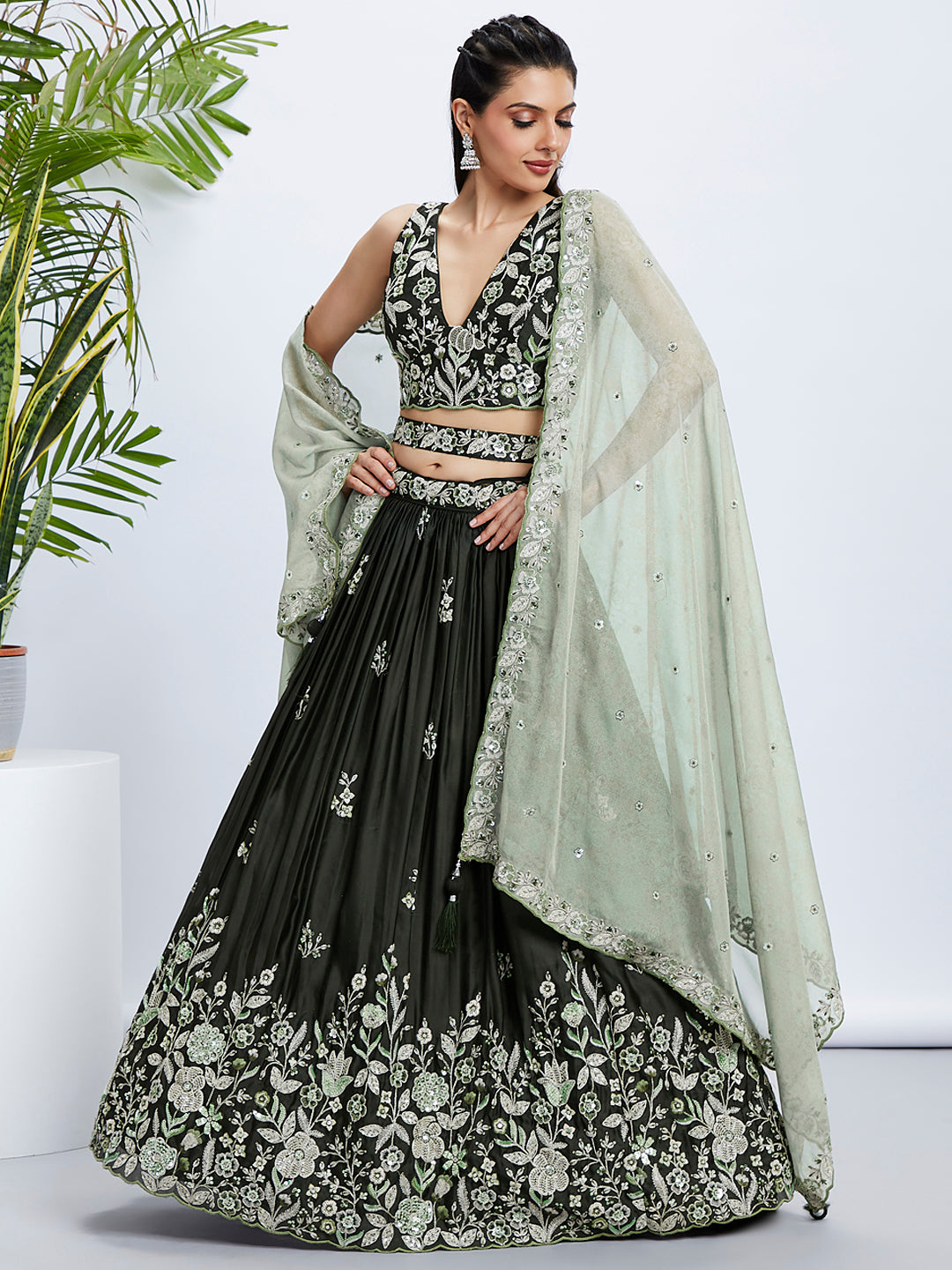 Olive Raw Silk Sequins Embroidered Lehenga Choli