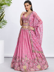 Pink Silk Chiffon Sequins Embroidered Lehenga Choli