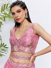 Pink Silk Chiffon Sequins Embroidered Lehenga Choli