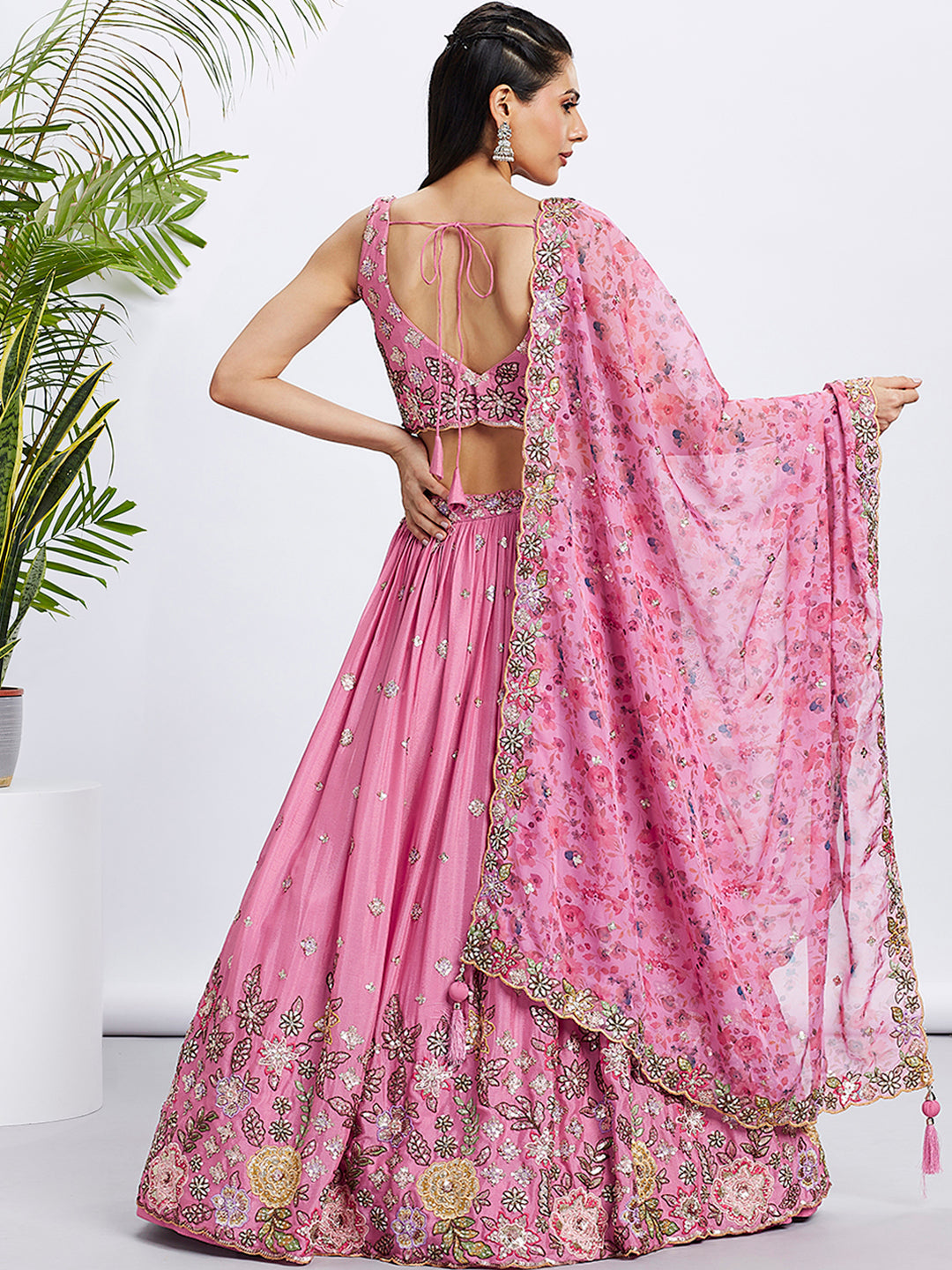 Pink Silk Chiffon Sequins Embroidered Lehenga Choli