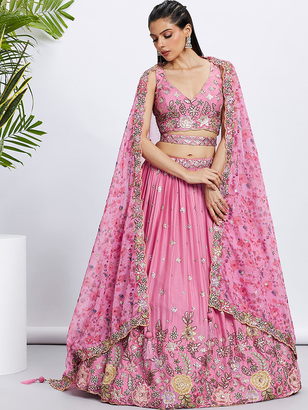 Pink Silk Chiffon Sequins Embroidered Lehenga Choli