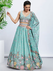 Turquoise Silk Chiffon Sequins Embroidered Lehenga Choli