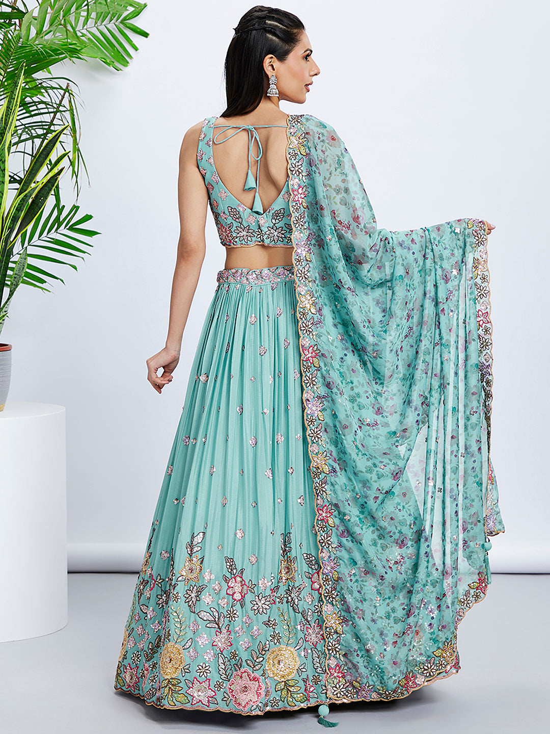 Turquoise Silk Chiffon Sequins Embroidered Lehenga Choli