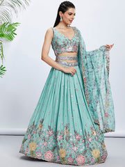 Turquoise Silk Chiffon Sequins Embroidered Lehenga Choli