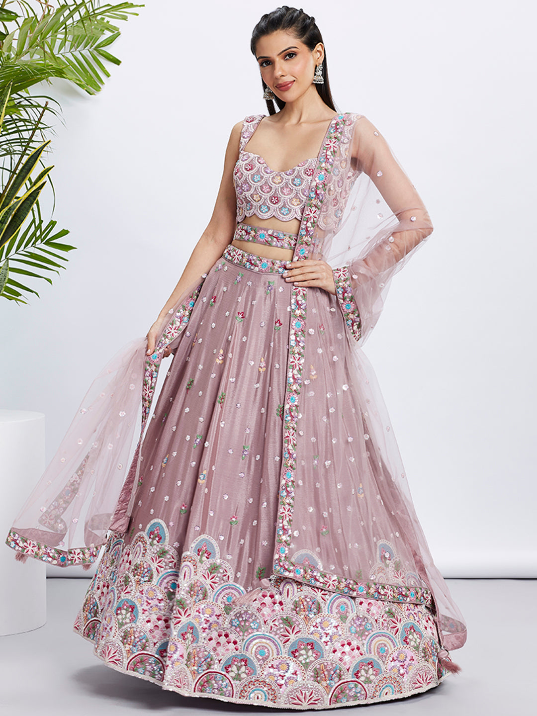 Rose Gold Chiffon Sequins Embroidered Lehenga Choli