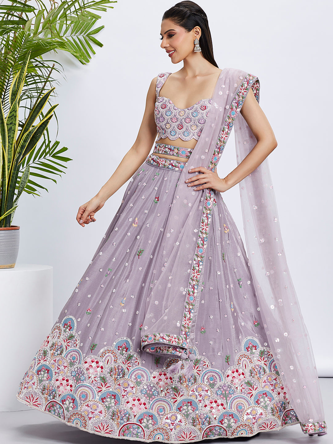 Mauve Chiffon Sequins Embroidered Lehenga Choli