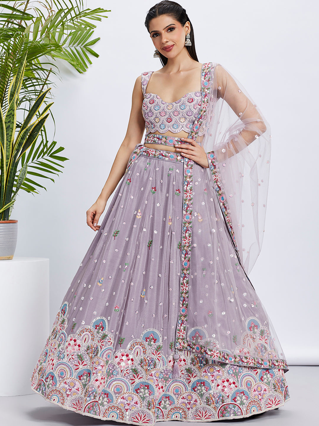 Mauve Chiffon Sequins Embroidered Lehenga Choli