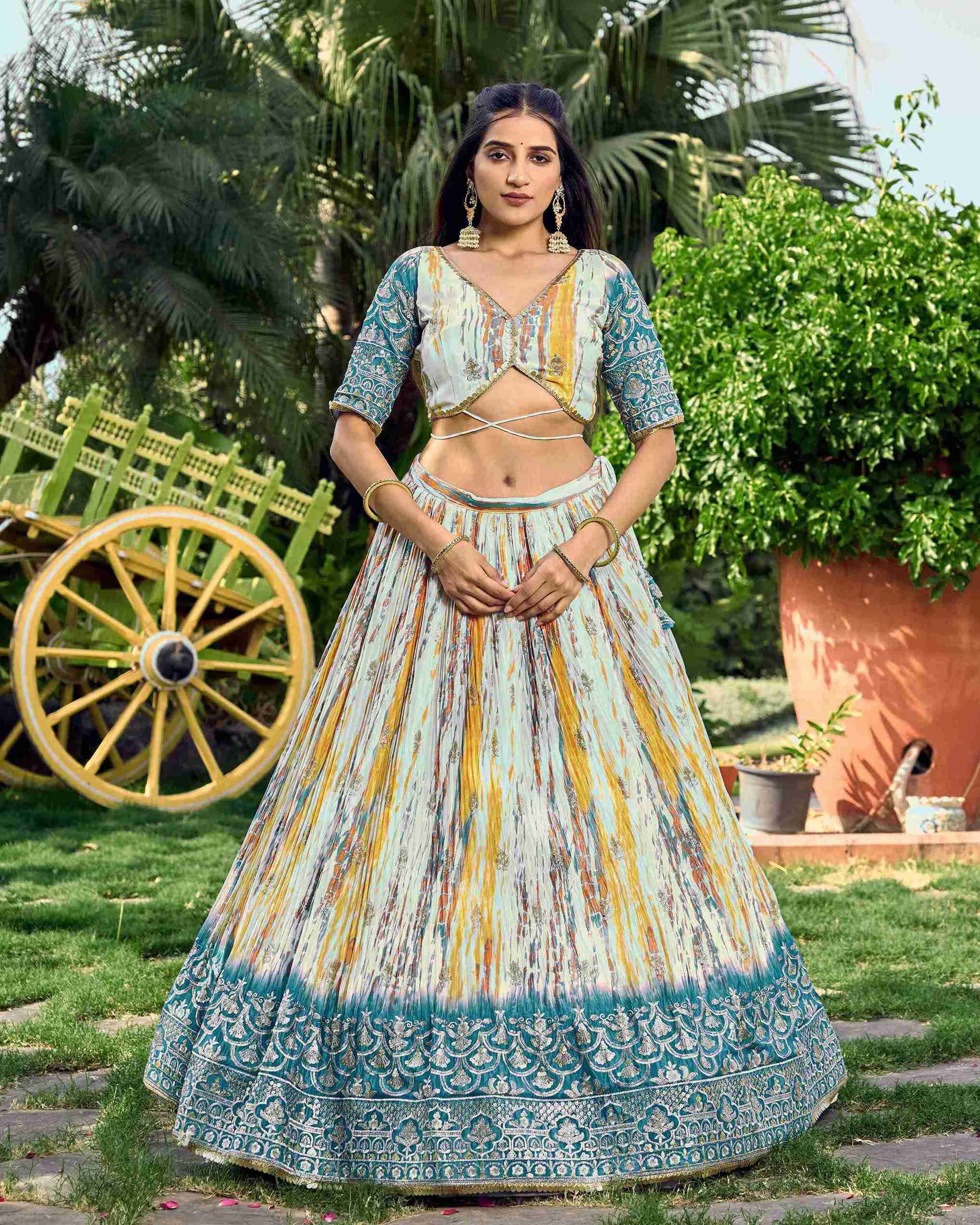 Multi  Chinon Digital Printed Embroidered Lehenga Choli