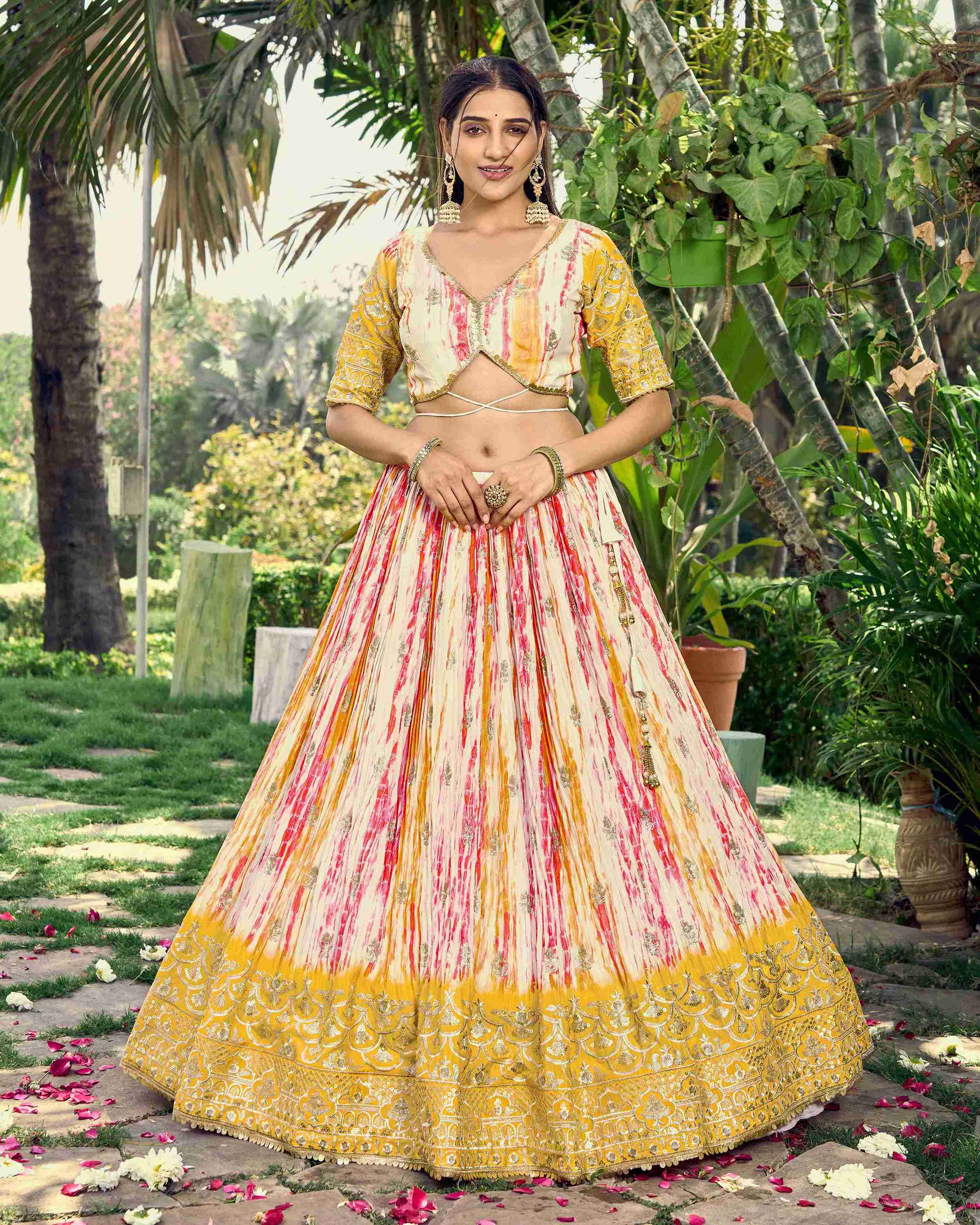 Multi Chinon Digital Printed Embroidered Lehenga Choli