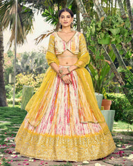 Multi Chinon Digital Printed Embroidered Lehenga Choli