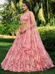 Pink Net Sequins Embroidered Lehenga Choli