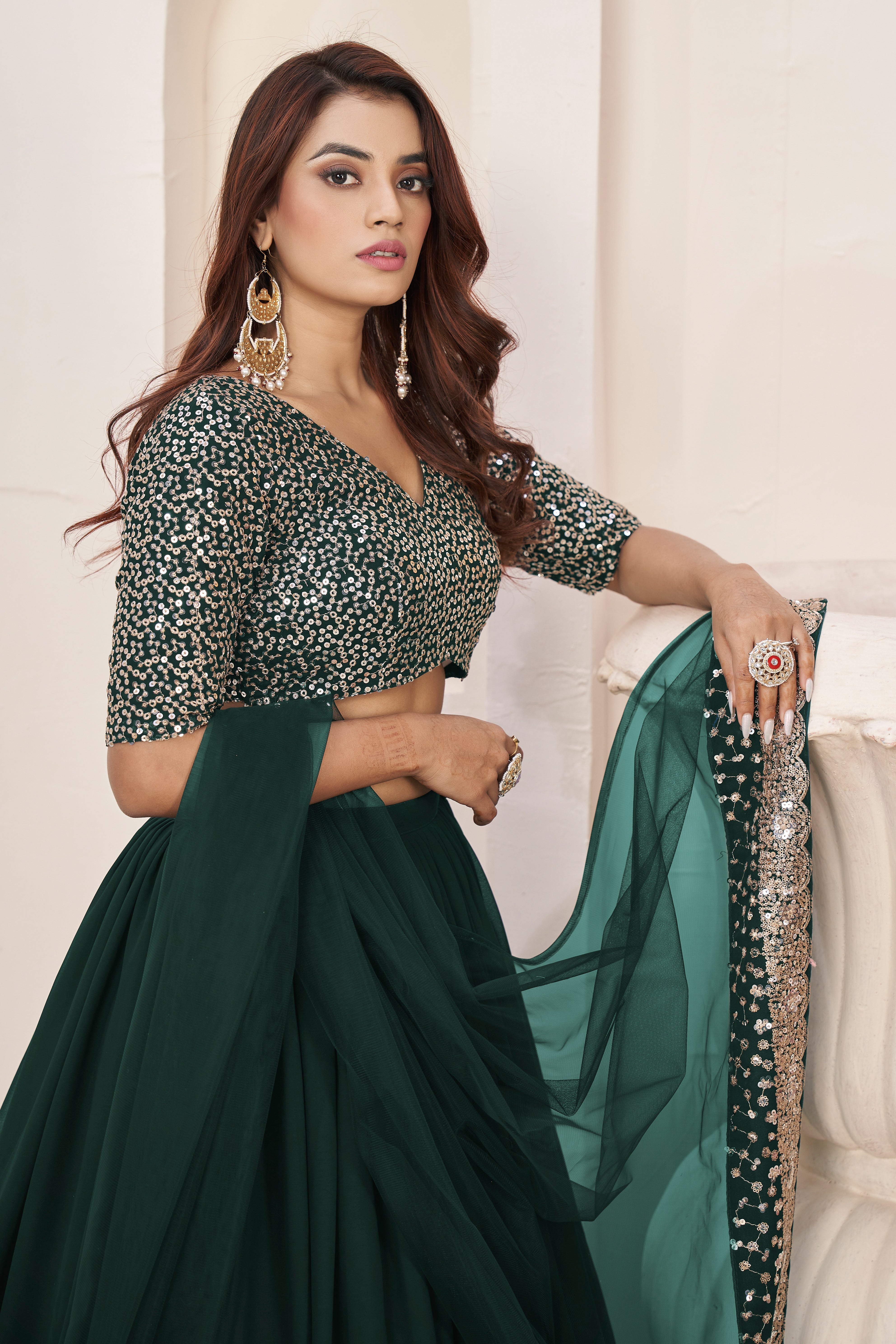 Green Georgette Sequins Embroidered Lehenga Choli