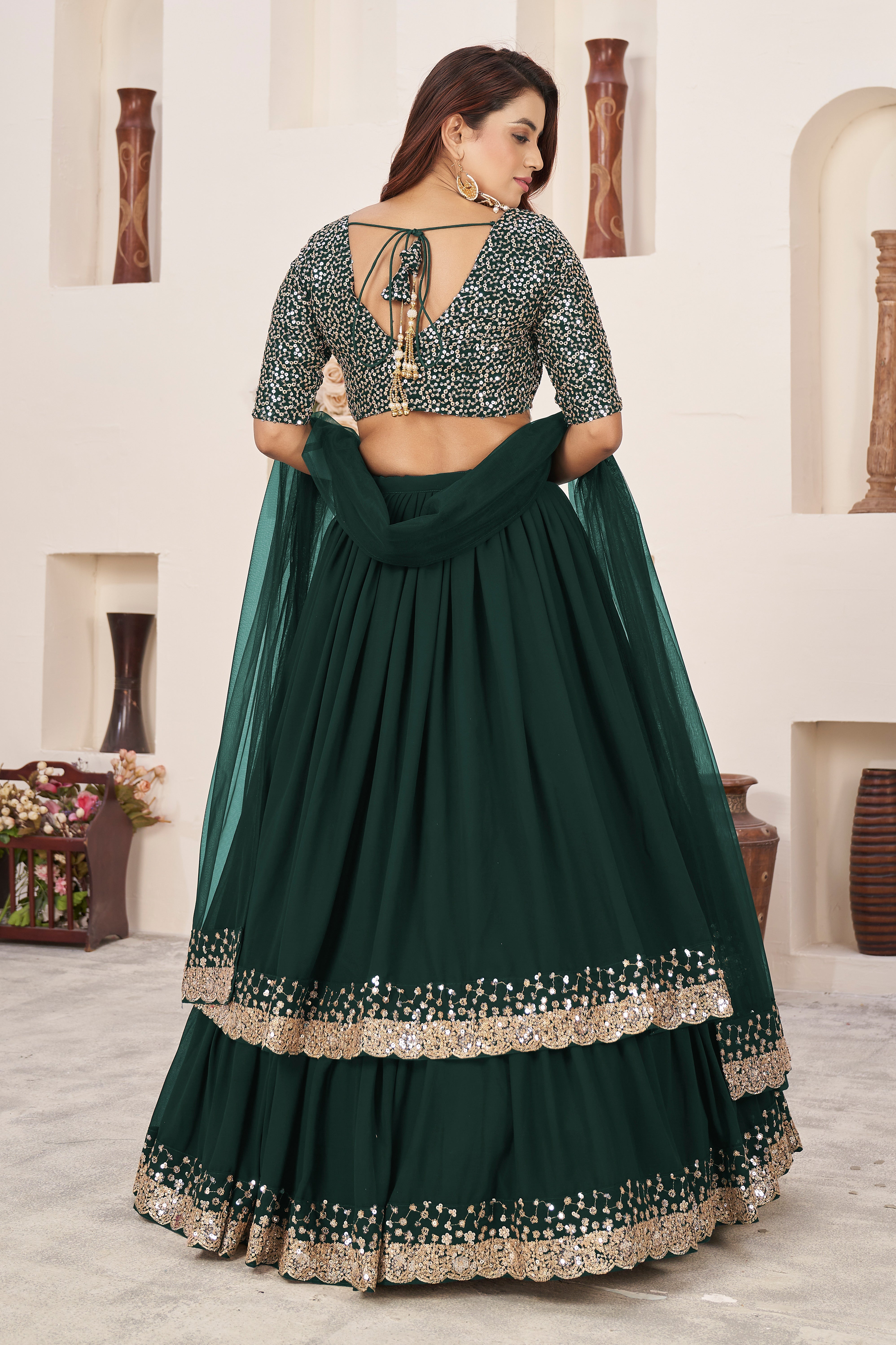 Green Georgette Sequins Embroidered Lehenga Choli