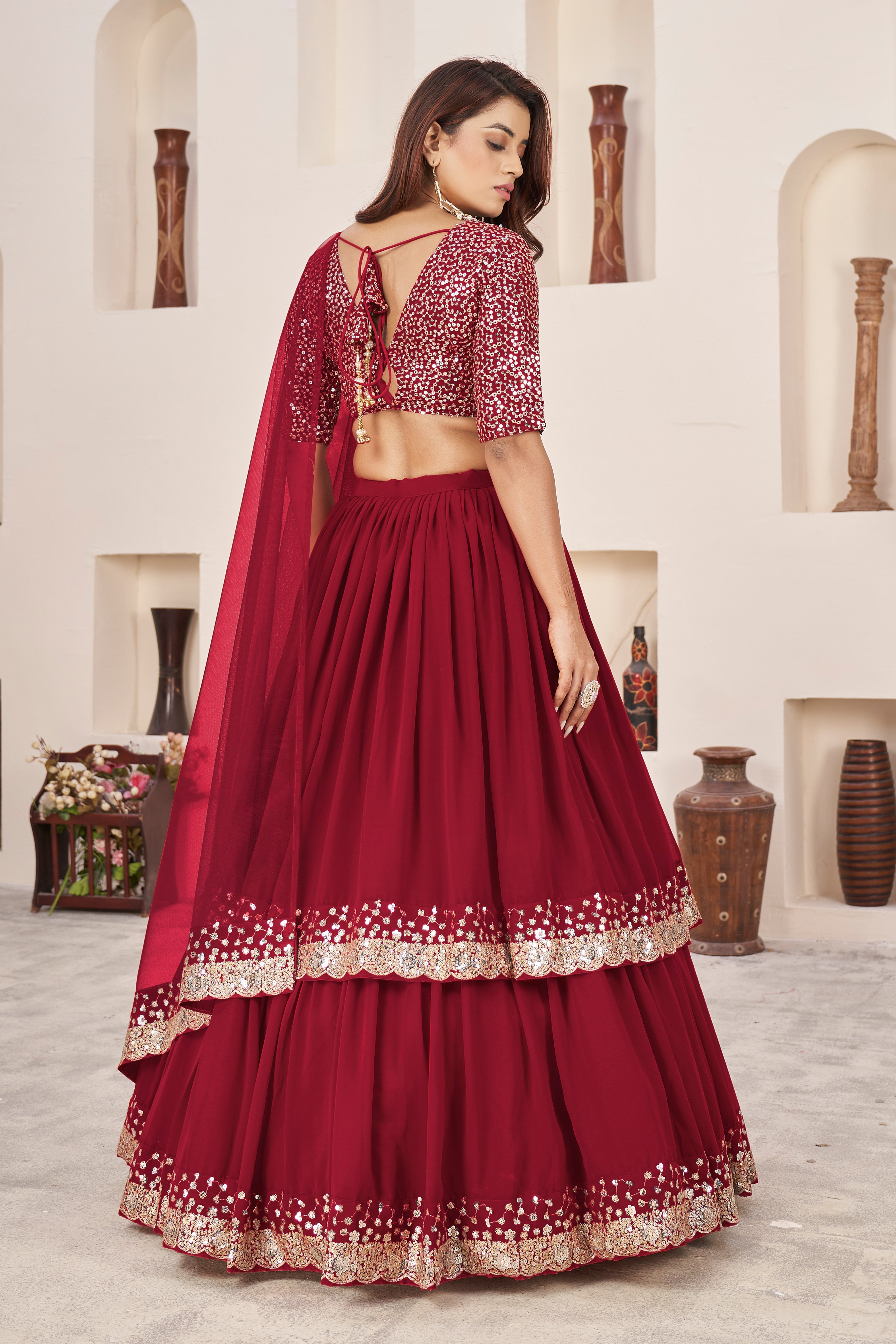 Red Georgette Sequins Embroidered Lehenga Choli