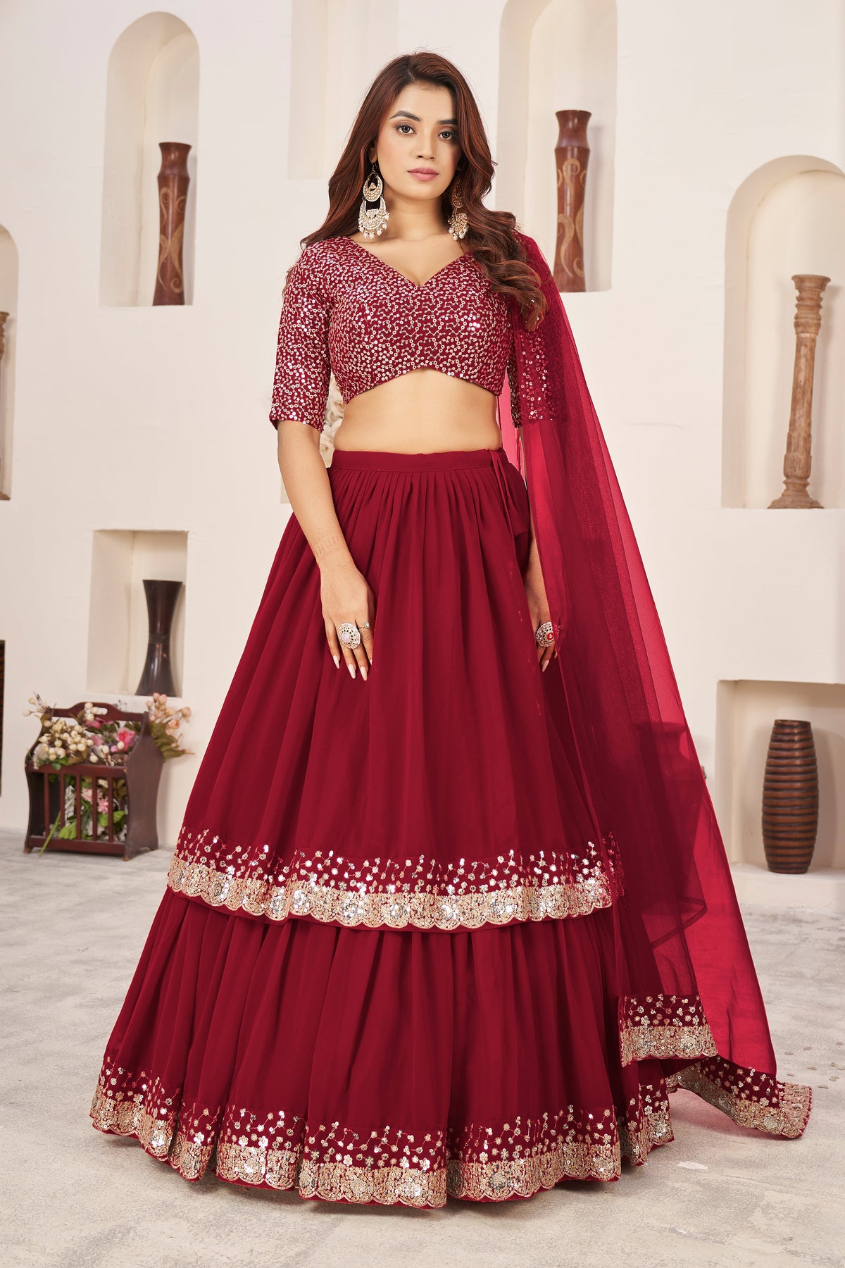 Red Georgette Sequins Embroidered Lehenga Choli