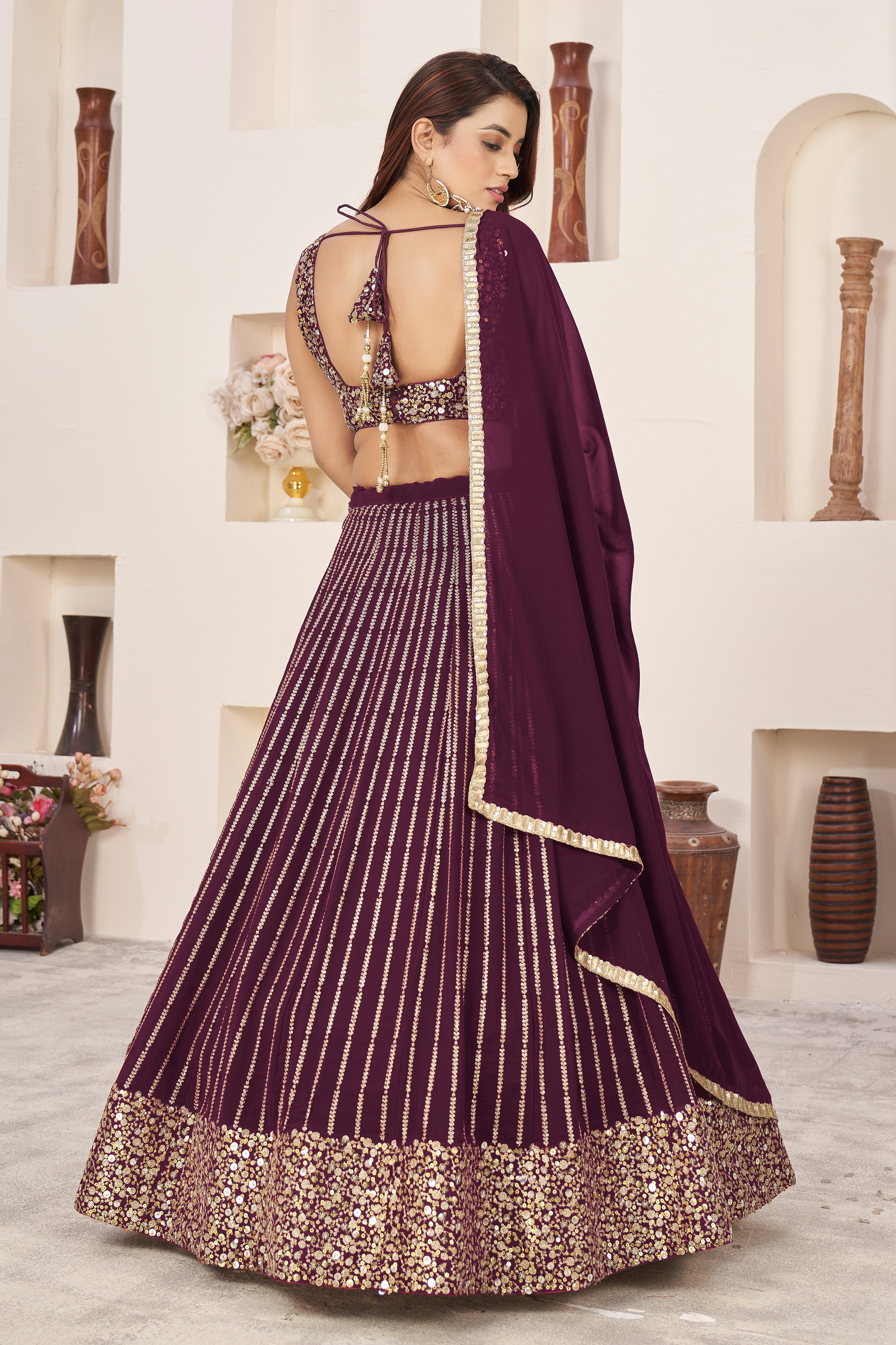 Maroon Georgette Sequins Embroidered Lehenga Choli