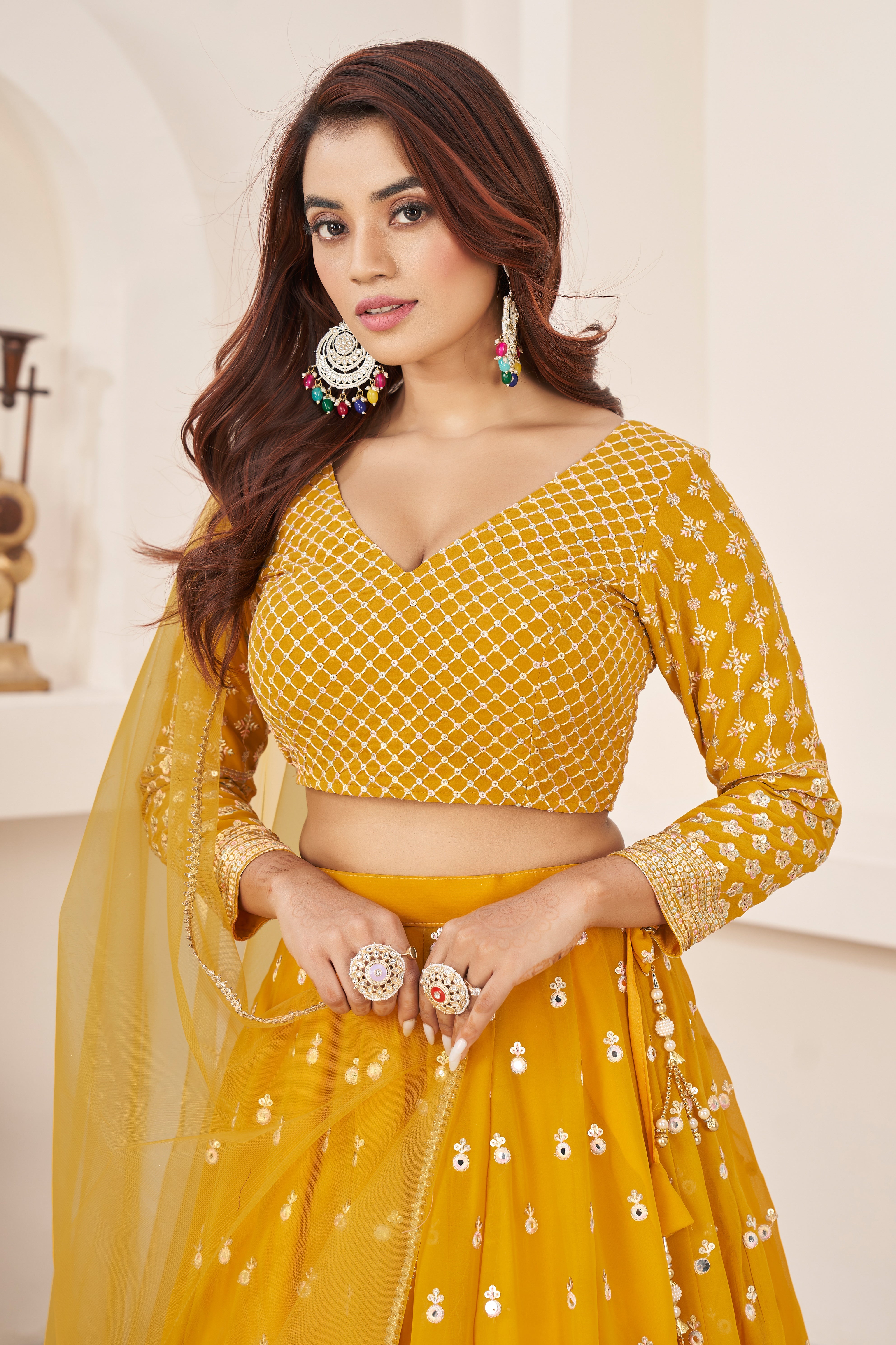 Yellow Georgette Sequins Embroidered Lehenga Choli