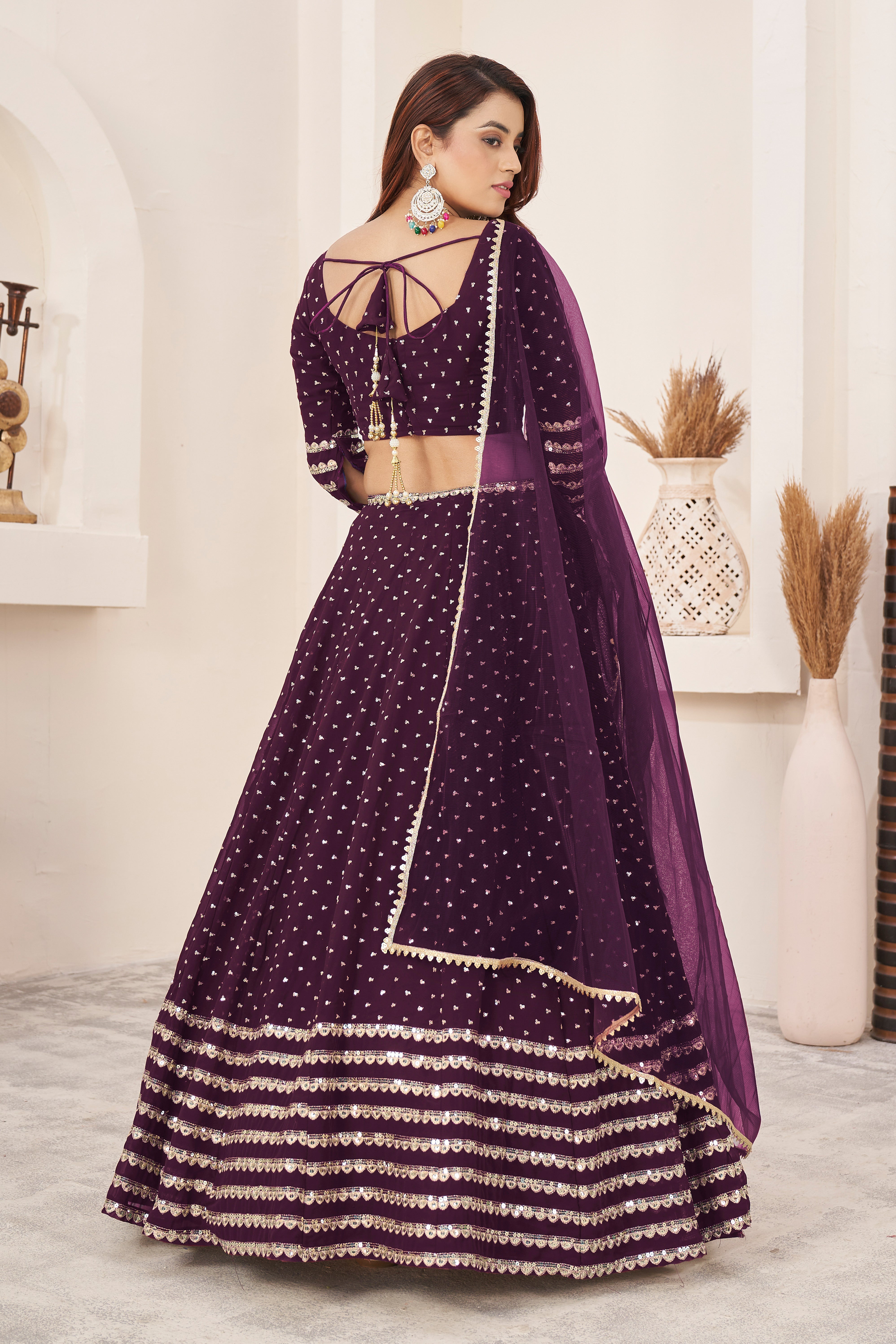 Wine Georgette Sequins Embroidered Lehenga Choli