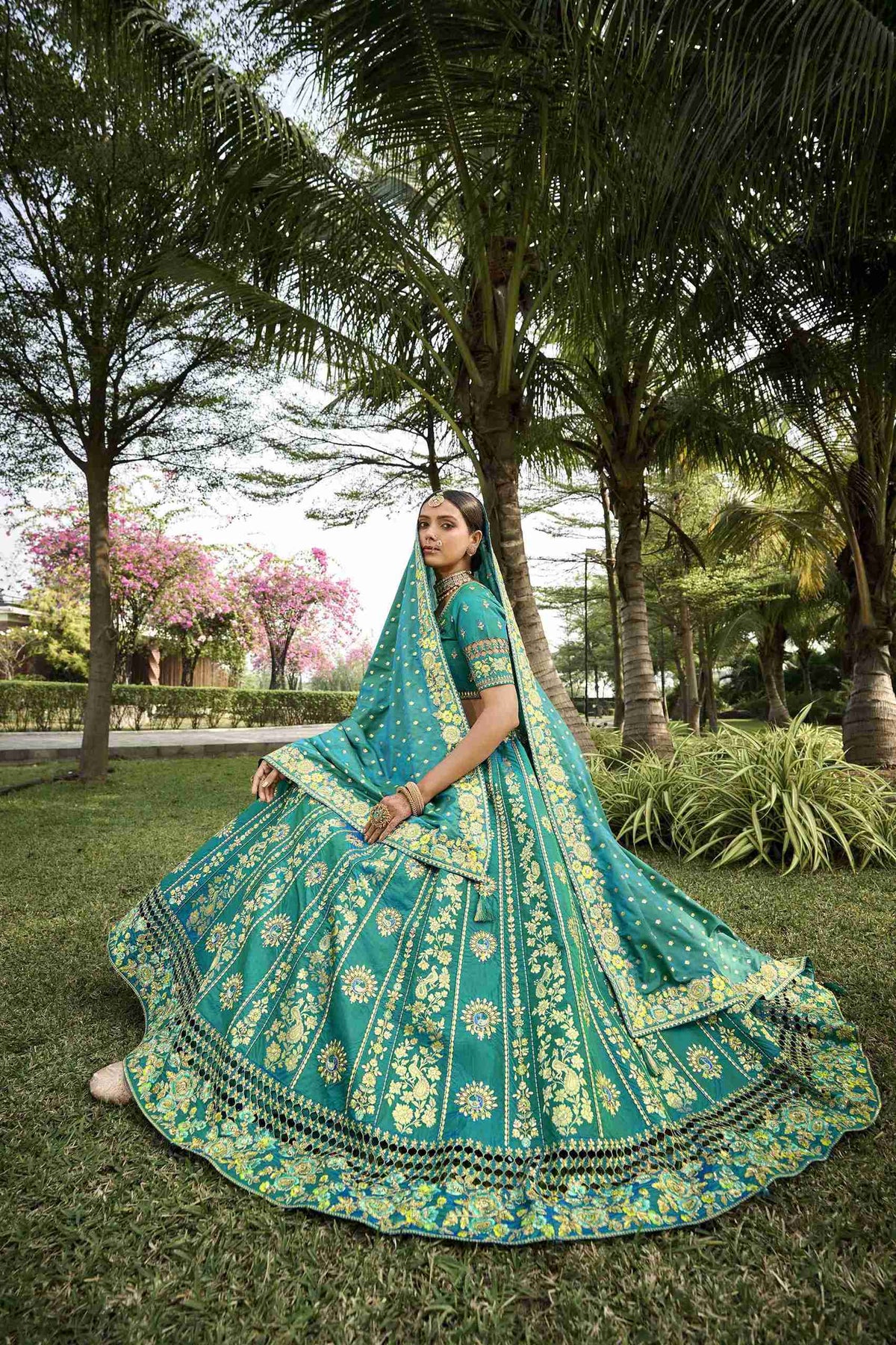 Rama Banarasi Silk Embroidered Lehenga Choli