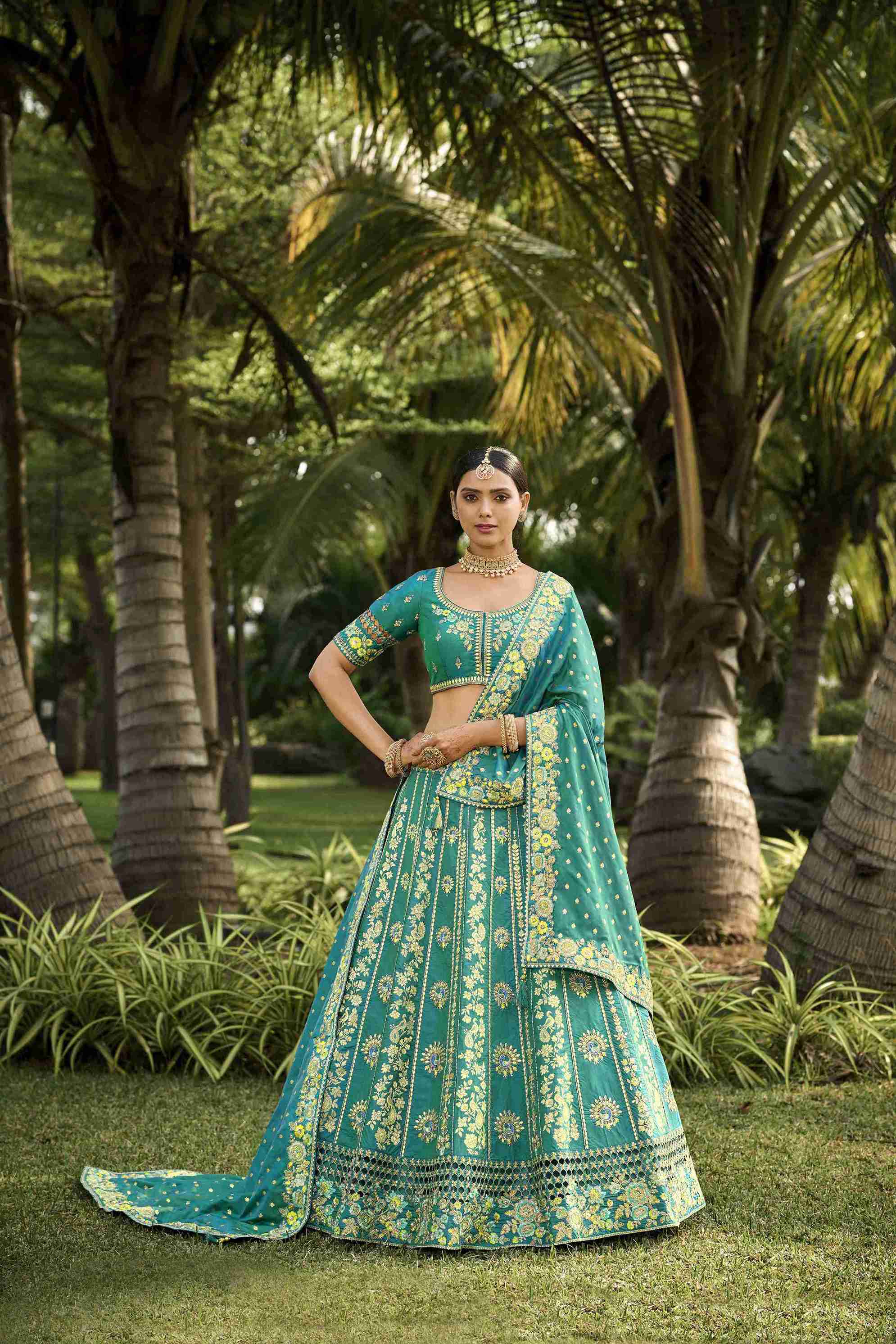 Rama Banarasi Silk Embroidered Lehenga Choli