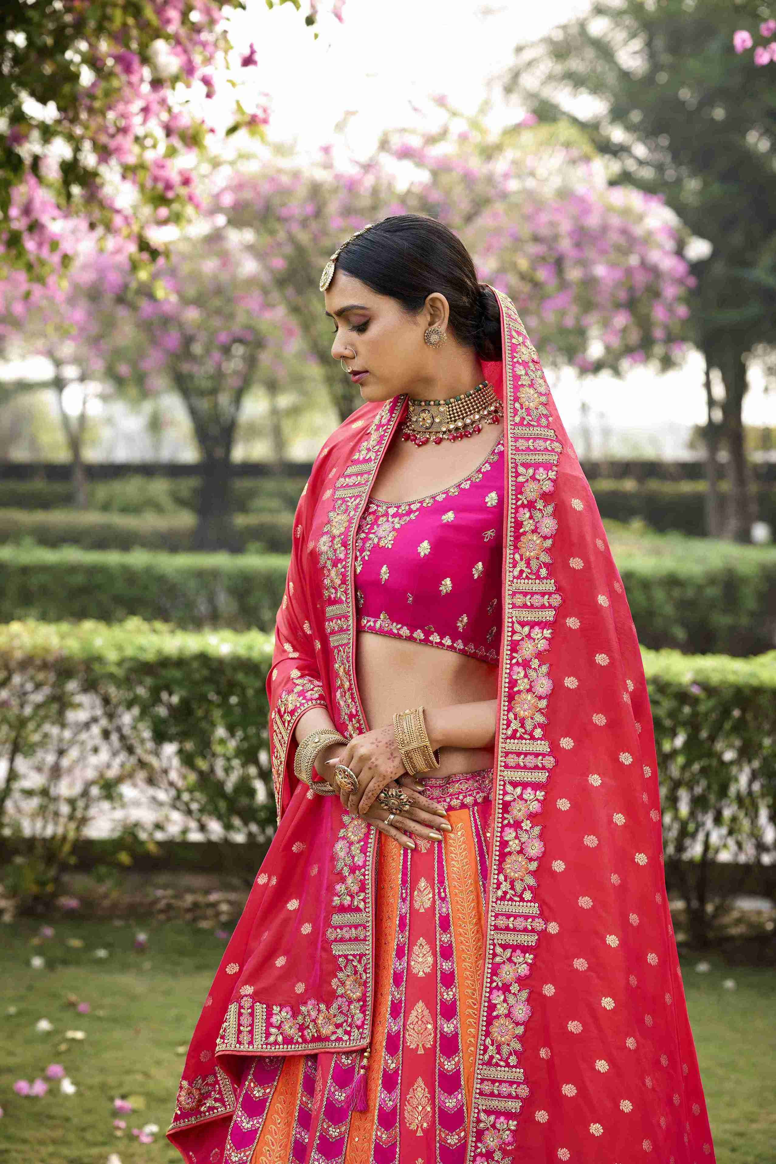 Pink Banarasi Silk Embroidered Lehenga Choli