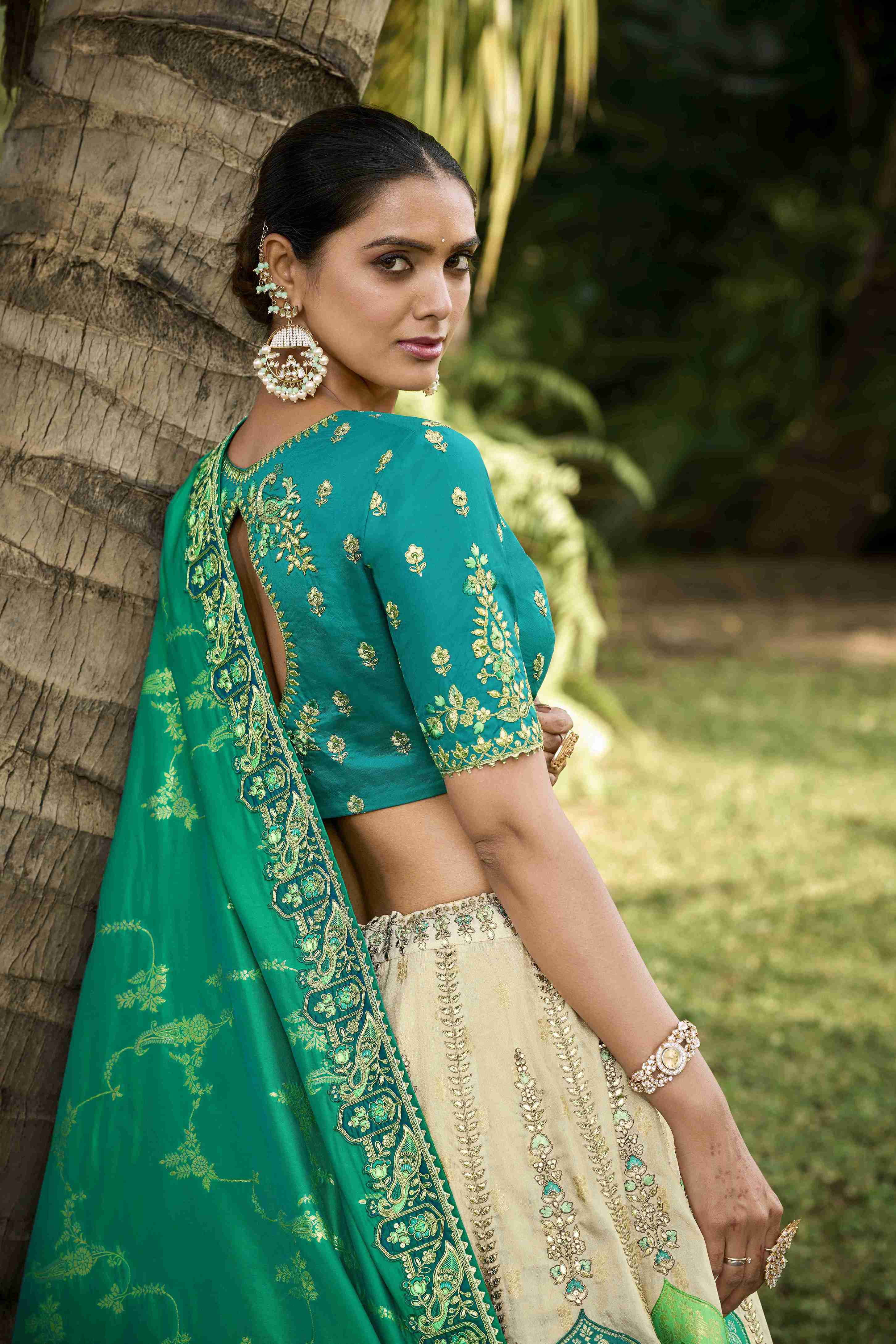 Sea Green Banarasi Silk Embroidered Patch Work Lehenga Choli