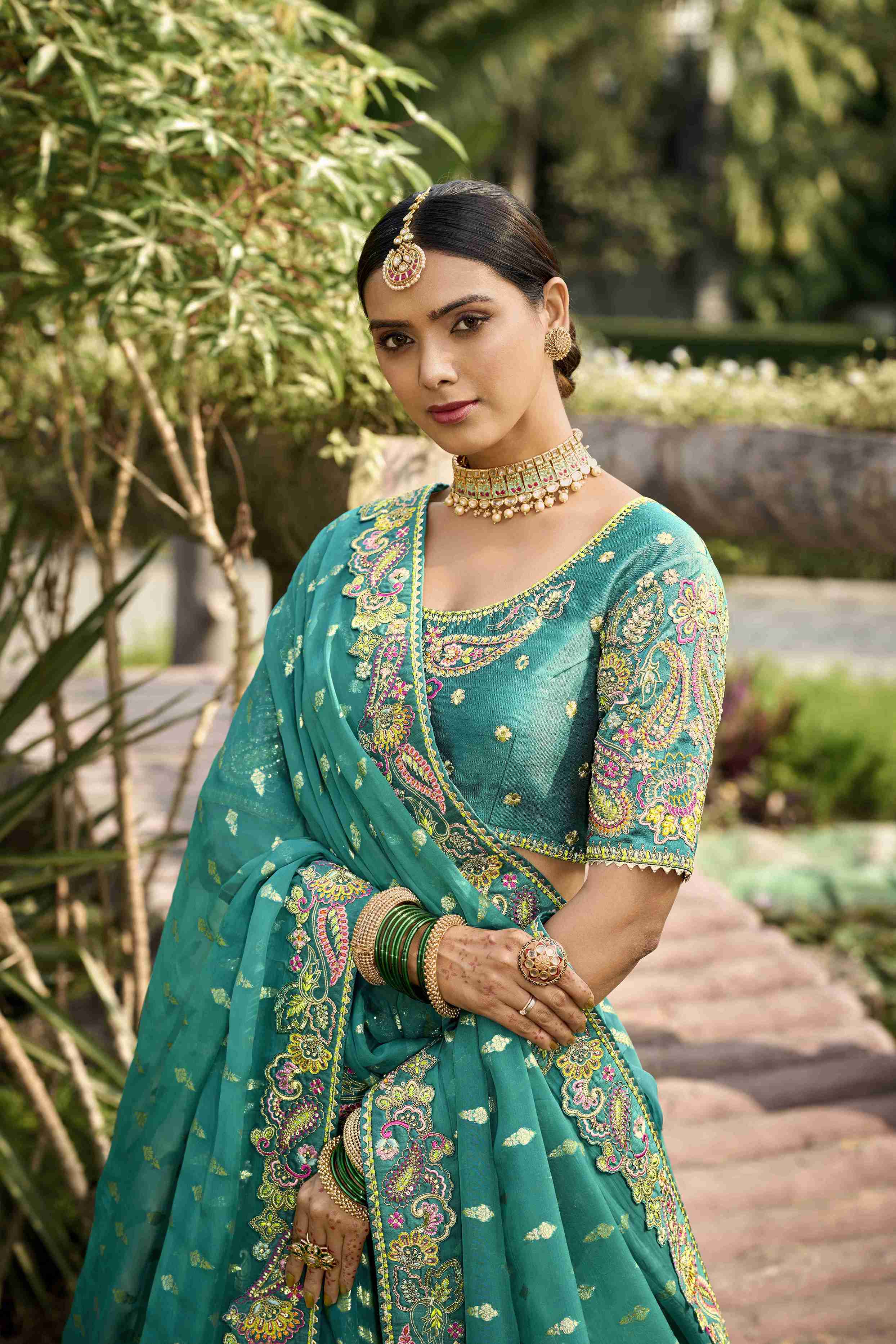 Sea Green Crepe Georgette Woven Embroidered Lehenga Choli