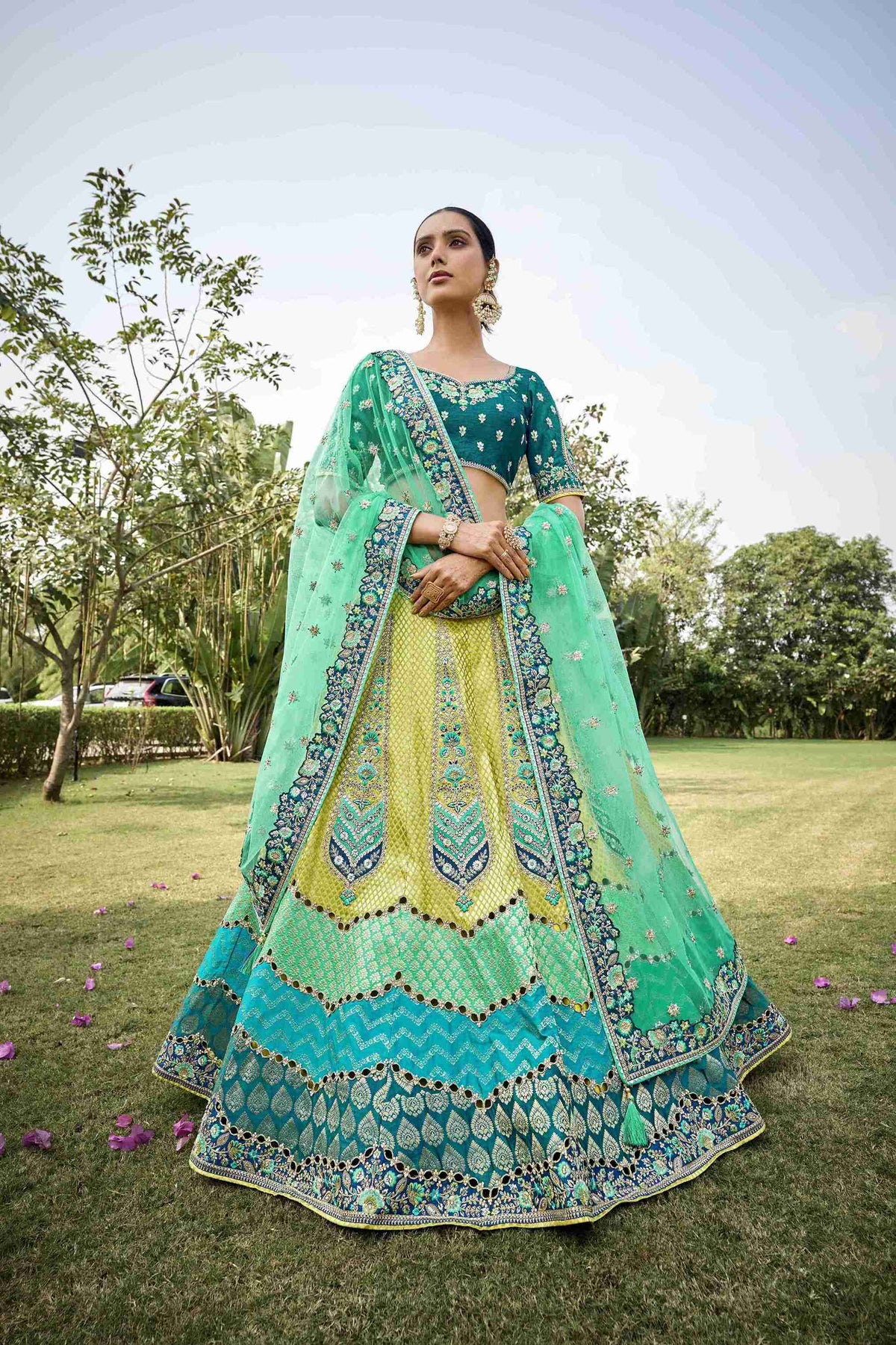 Rama Jacquard Silk Embroidered Lehenga Choli