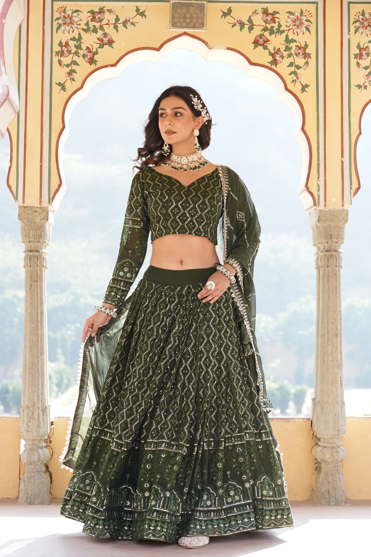 Green Faux Georgette Sequins Embroidered Lehenga Choli