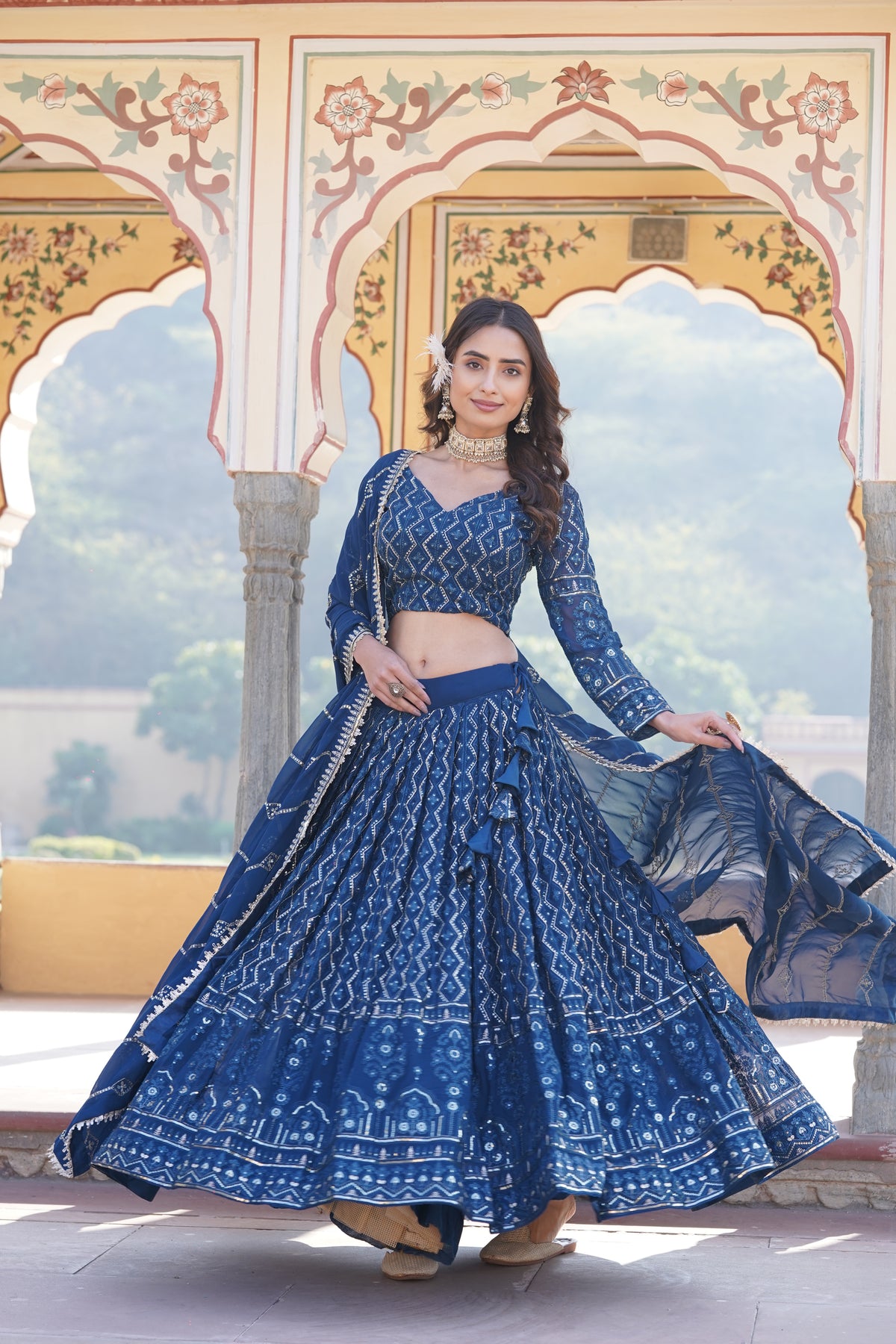 Blue  Faux Georgette Sequins Embroidered Lehenga Choli