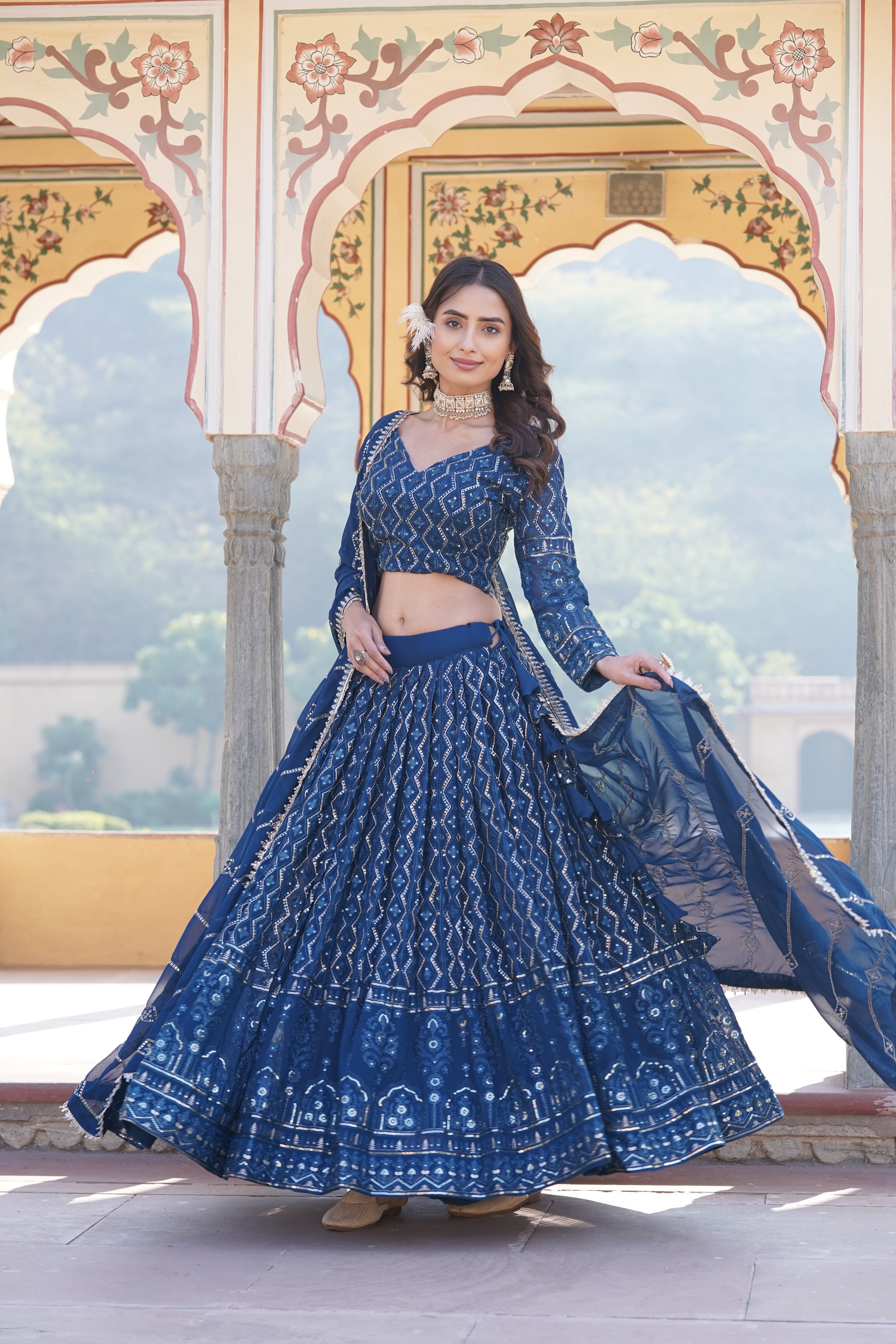 Blue  Faux Georgette Sequins Embroidered Lehenga Choli