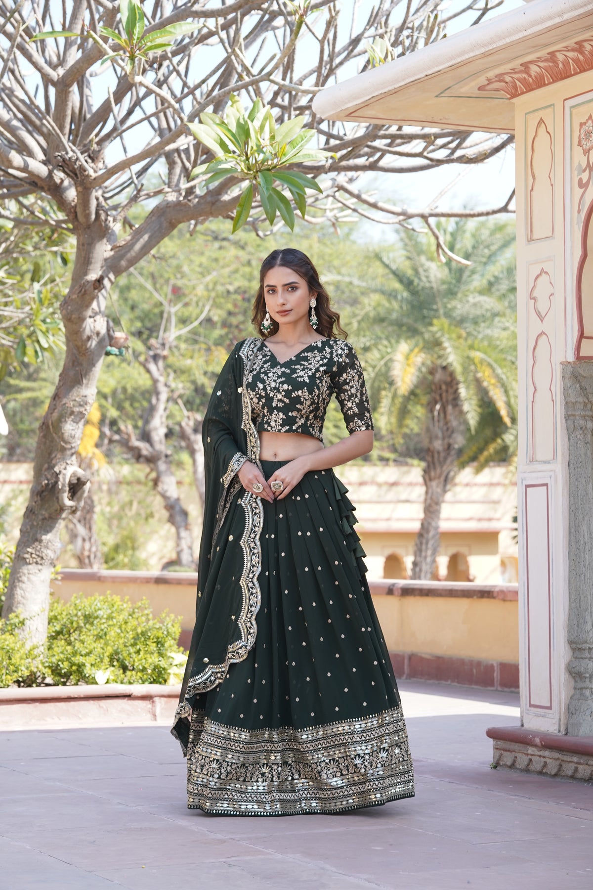 Green Faux Georgette Sequins Embroidered Lehenga Choli