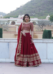 Maroon Faux Georgette Sequins Embroidered Lehenga Choli