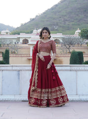 Maroon Faux Georgette Sequins Embroidered Lehenga Choli