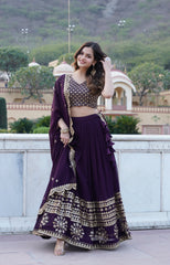 Wine Faux Georgette Sequins Embroidered Lehenga Choli