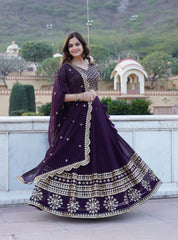 Wine Faux Georgette Sequins Embroidered Lehenga Choli