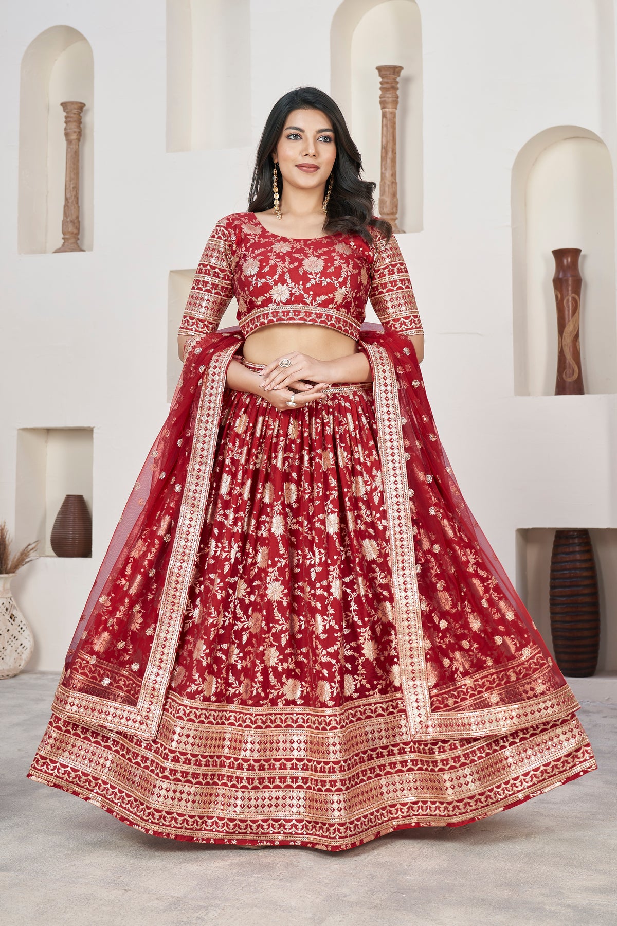 Red Dolla Silk Woven Zari Embroidered Lehenga Choli