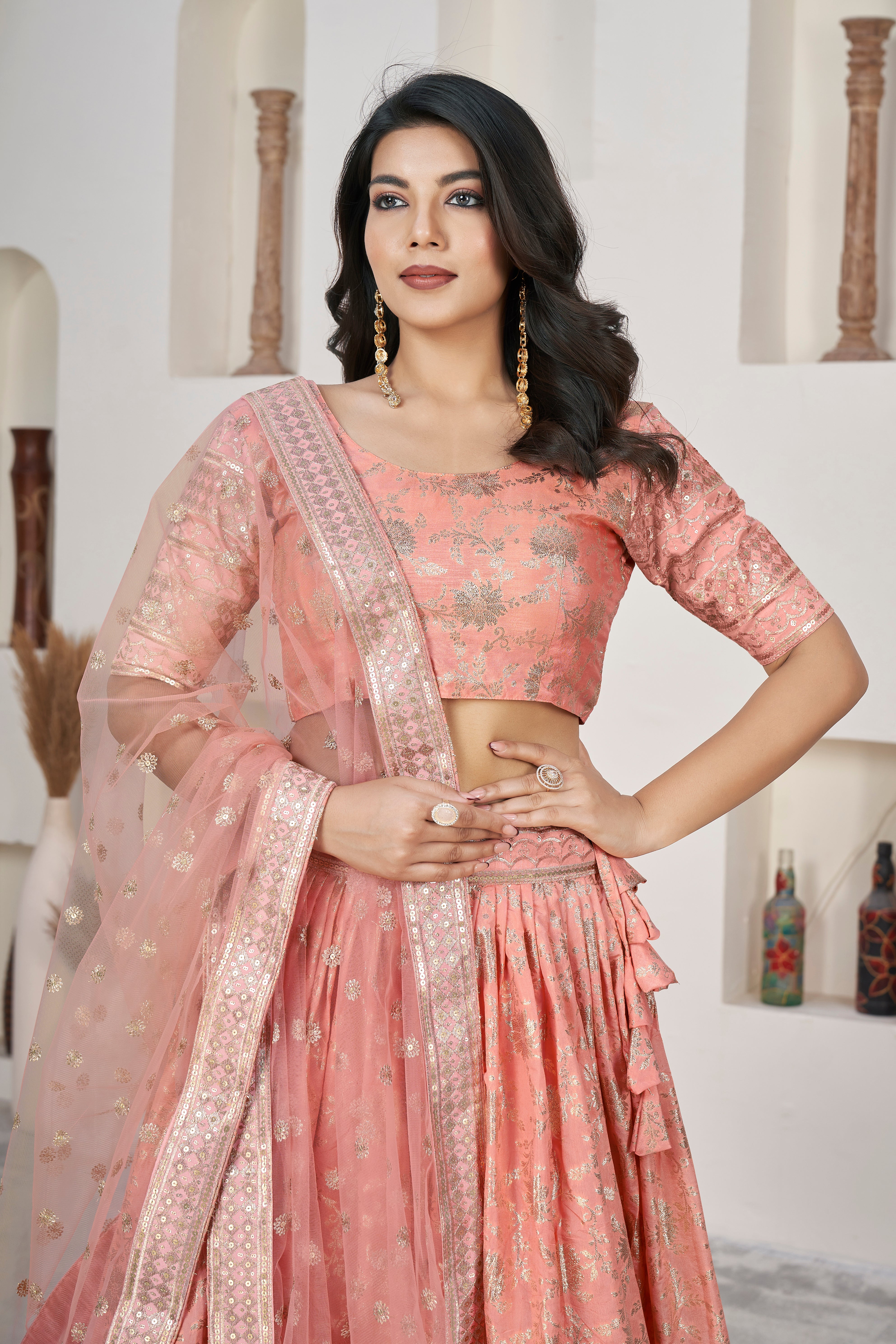 Peach Dolla Silk Woven Zari Embroidered Lehenga Choli