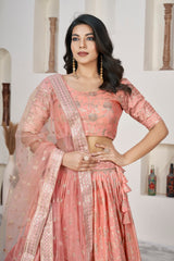 Peach Dolla Silk Woven Zari Embroidered Lehenga Choli