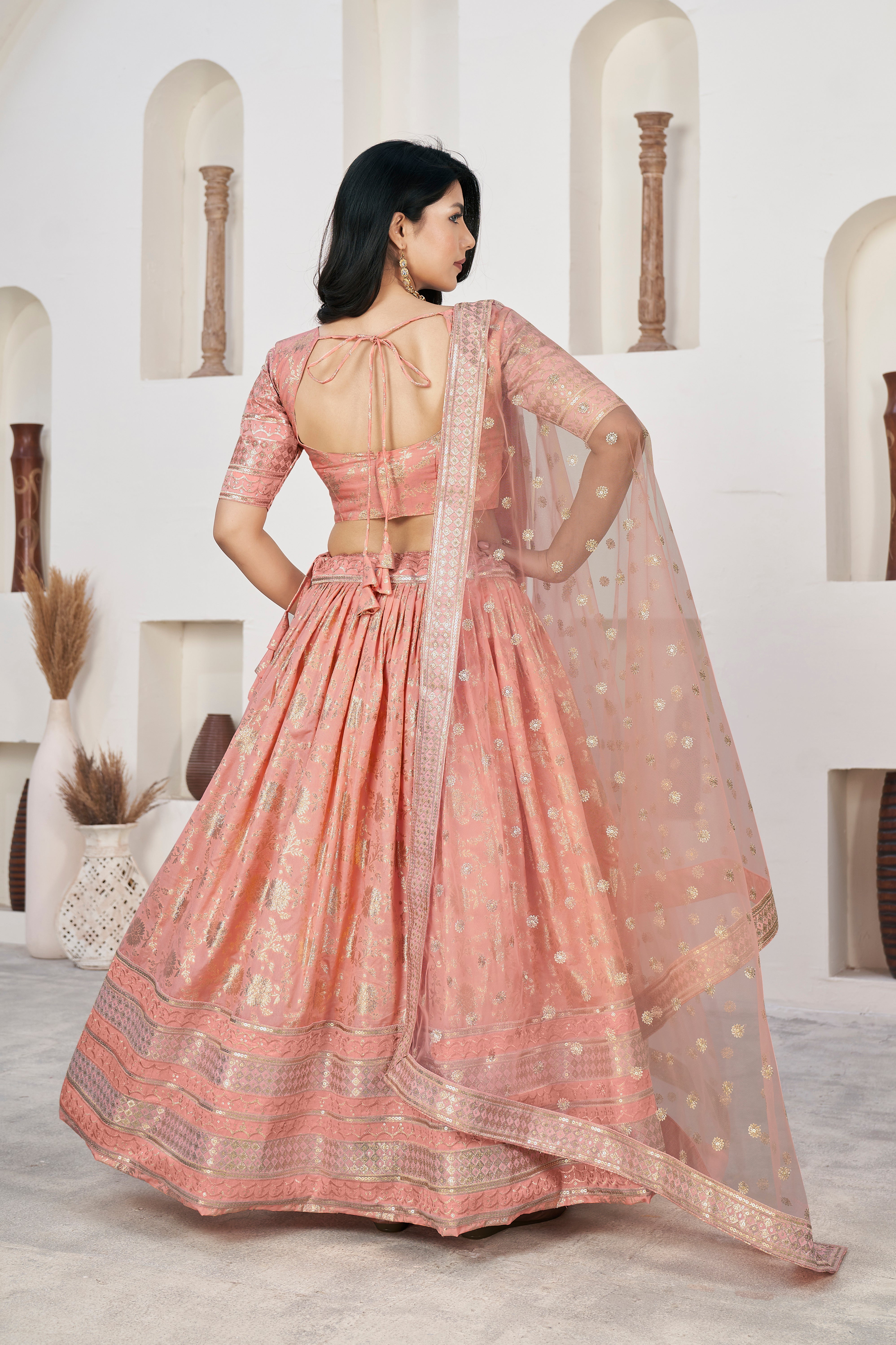 Peach Dolla Silk Woven Zari Embroidered Lehenga Choli