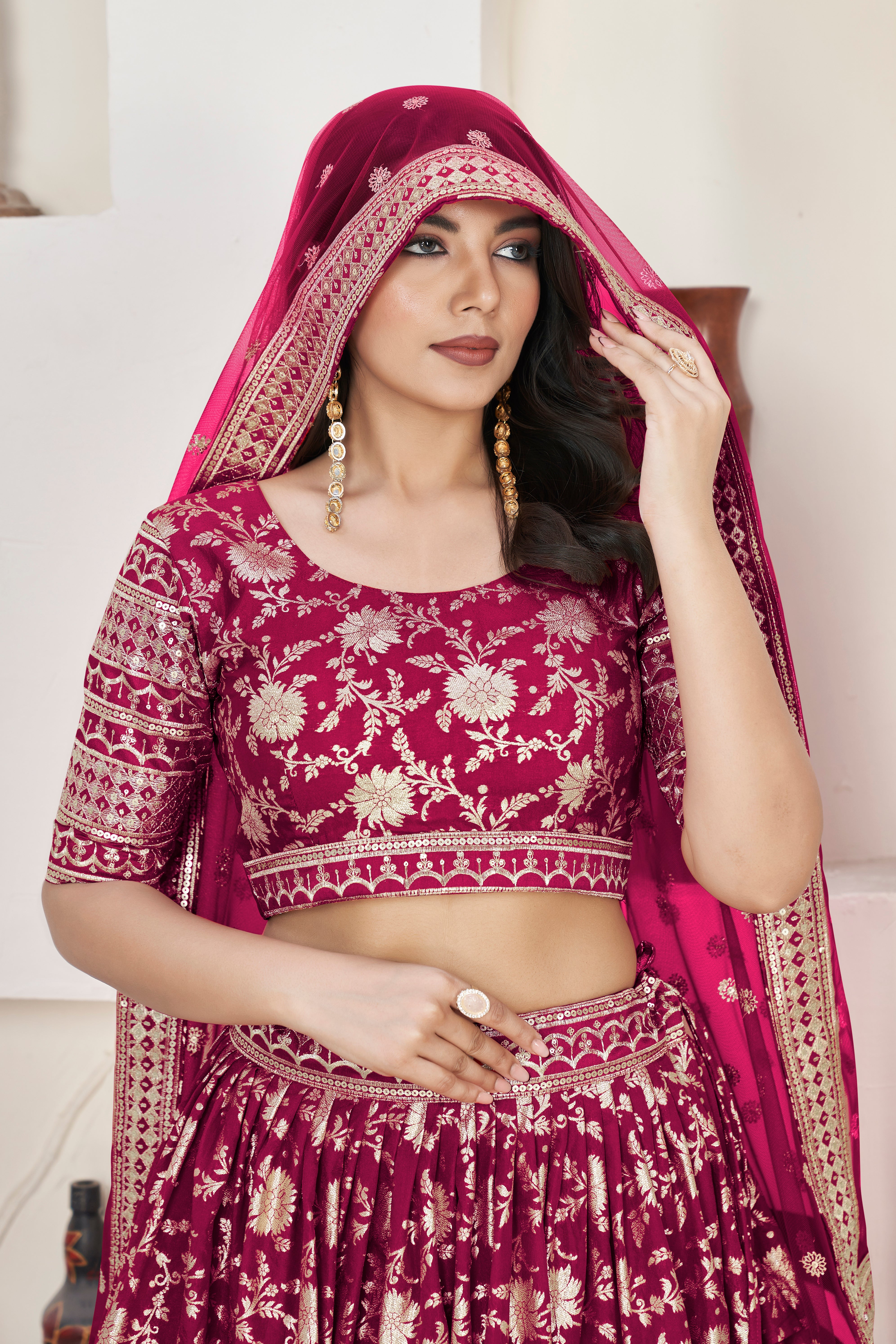 Pink Dolla Silk Woven Zari Embroidered Lehenga Choli