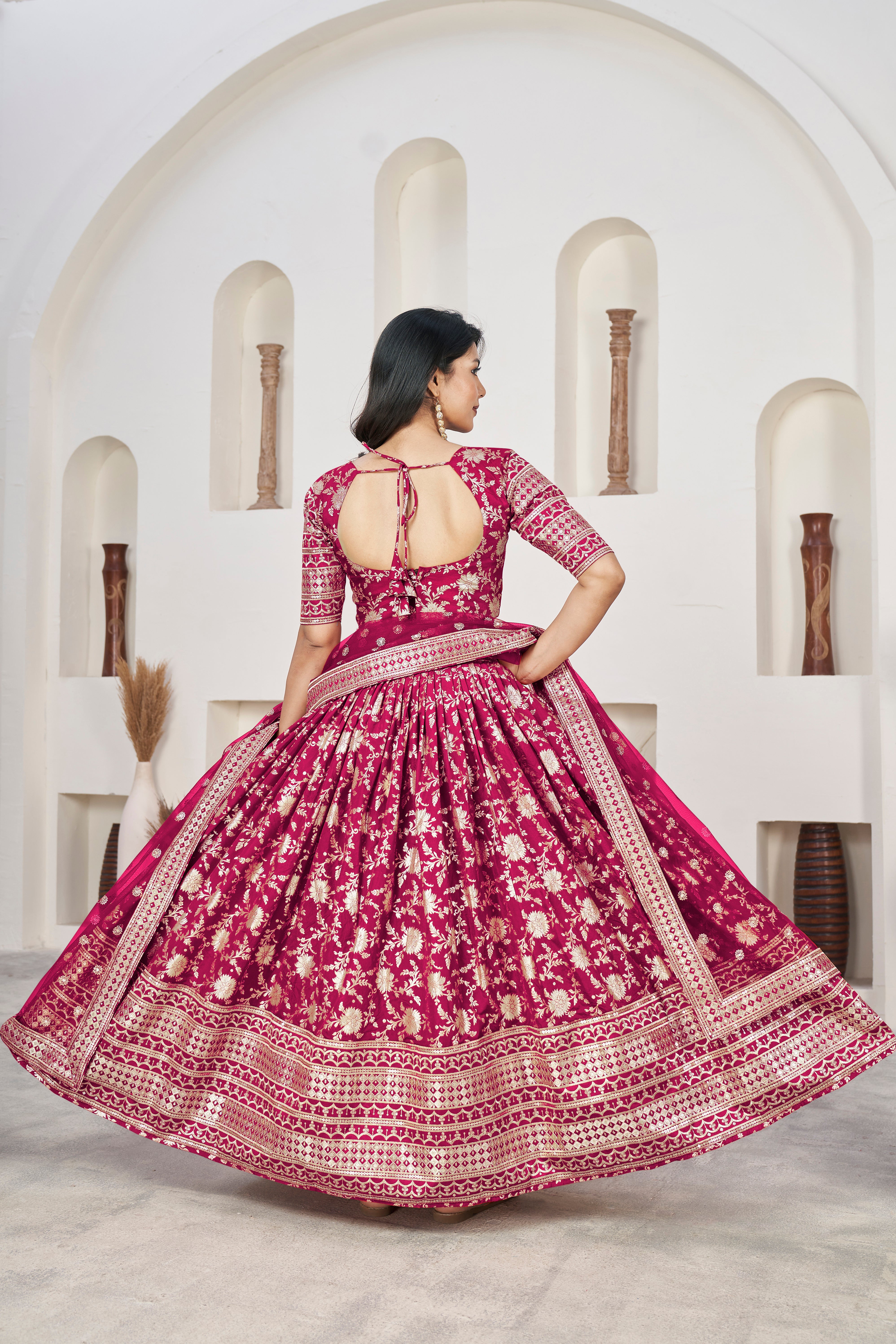 Pink Dolla Silk Woven Zari Embroidered Lehenga Choli