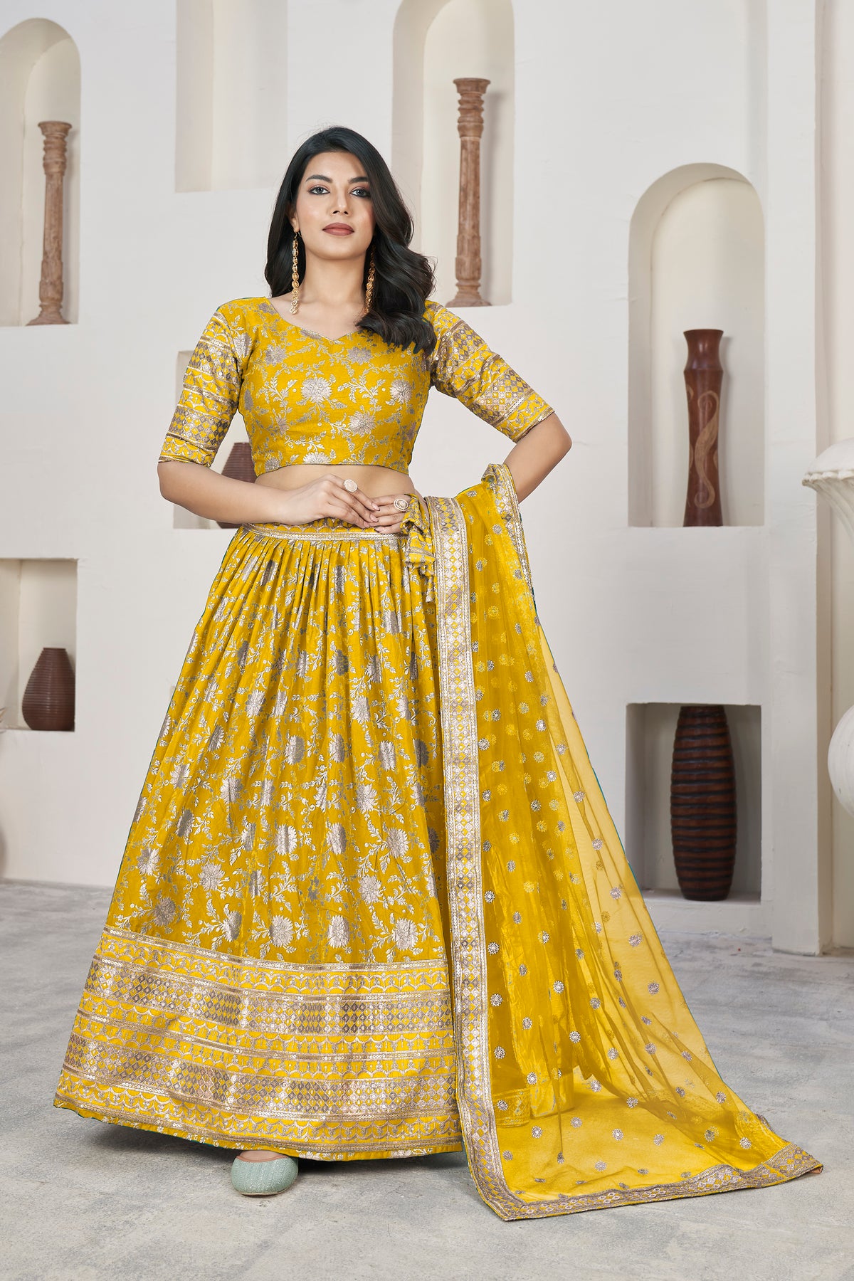 Yellow  Dolla Silk Woven Zari Embroidered Lehenga Choli