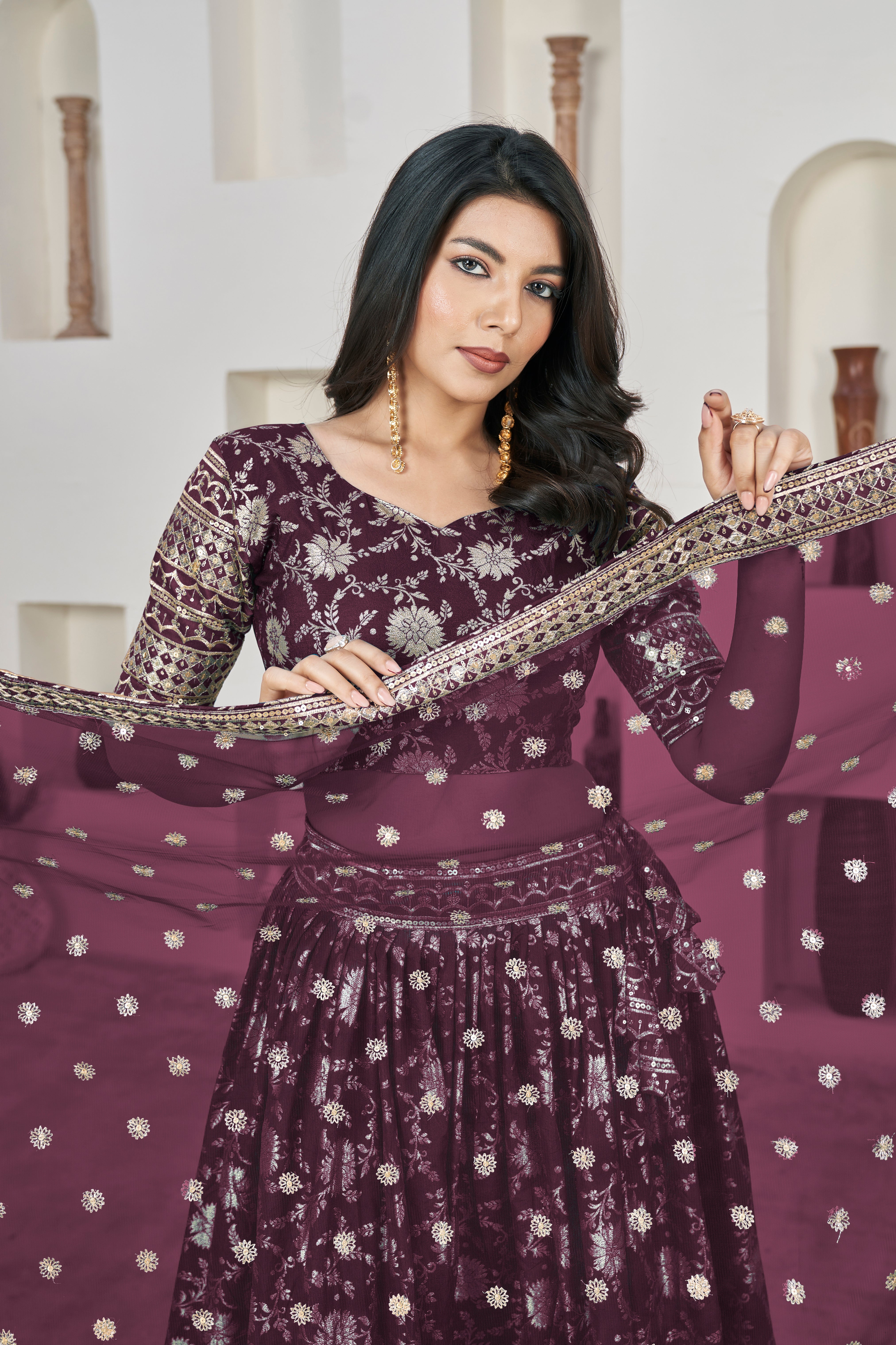 Wine Dolla Silk Woven Zari Embroidered Lehenga Choli