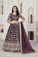 Wine Dolla Silk Woven Zari Embroidered Lehenga Choli