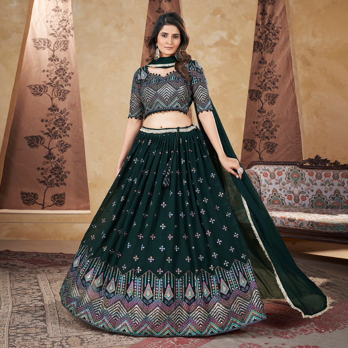 Elina Fashion Green Color Georgette Pigment Foil Work Lehenga Choli for Women