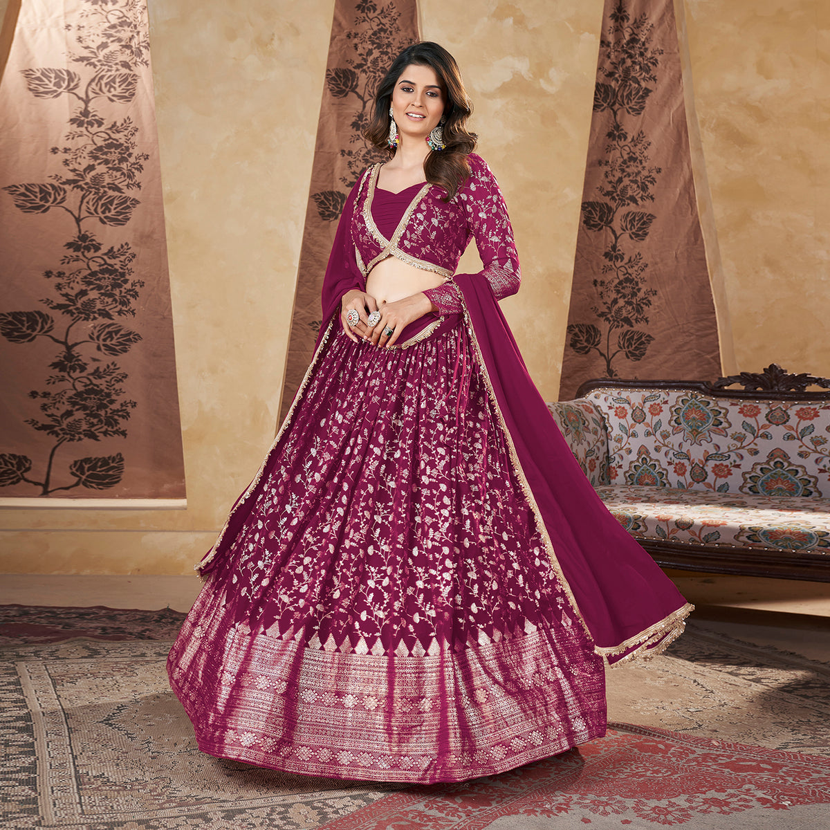 Elina Fashion Deep Pink Color Georgette Pigment Foil Work Lehenga Choli for Women