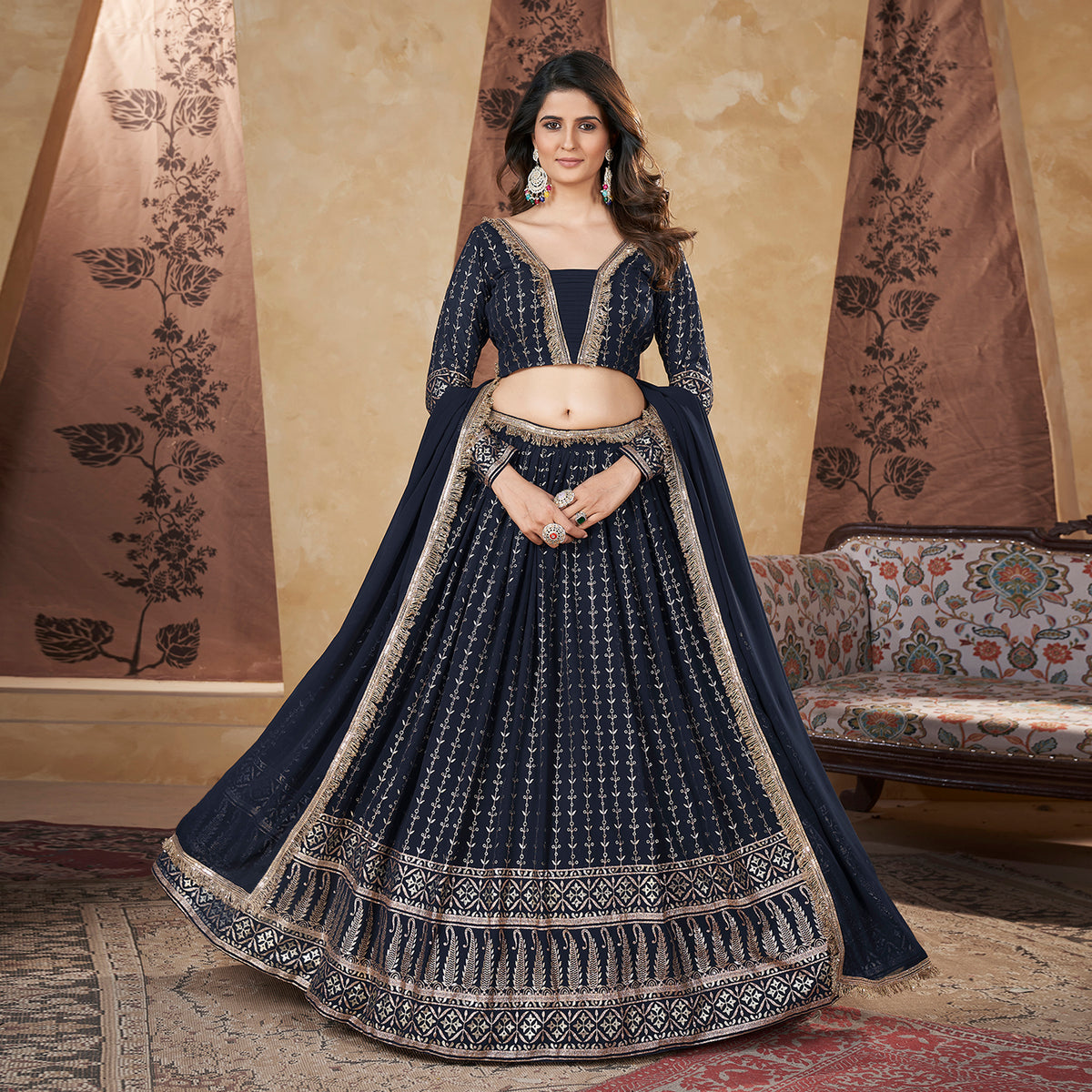 Elina Fashion Navy  color Georgette Pigment Foil Work  Ready To Wear Lehenga Choli for Women